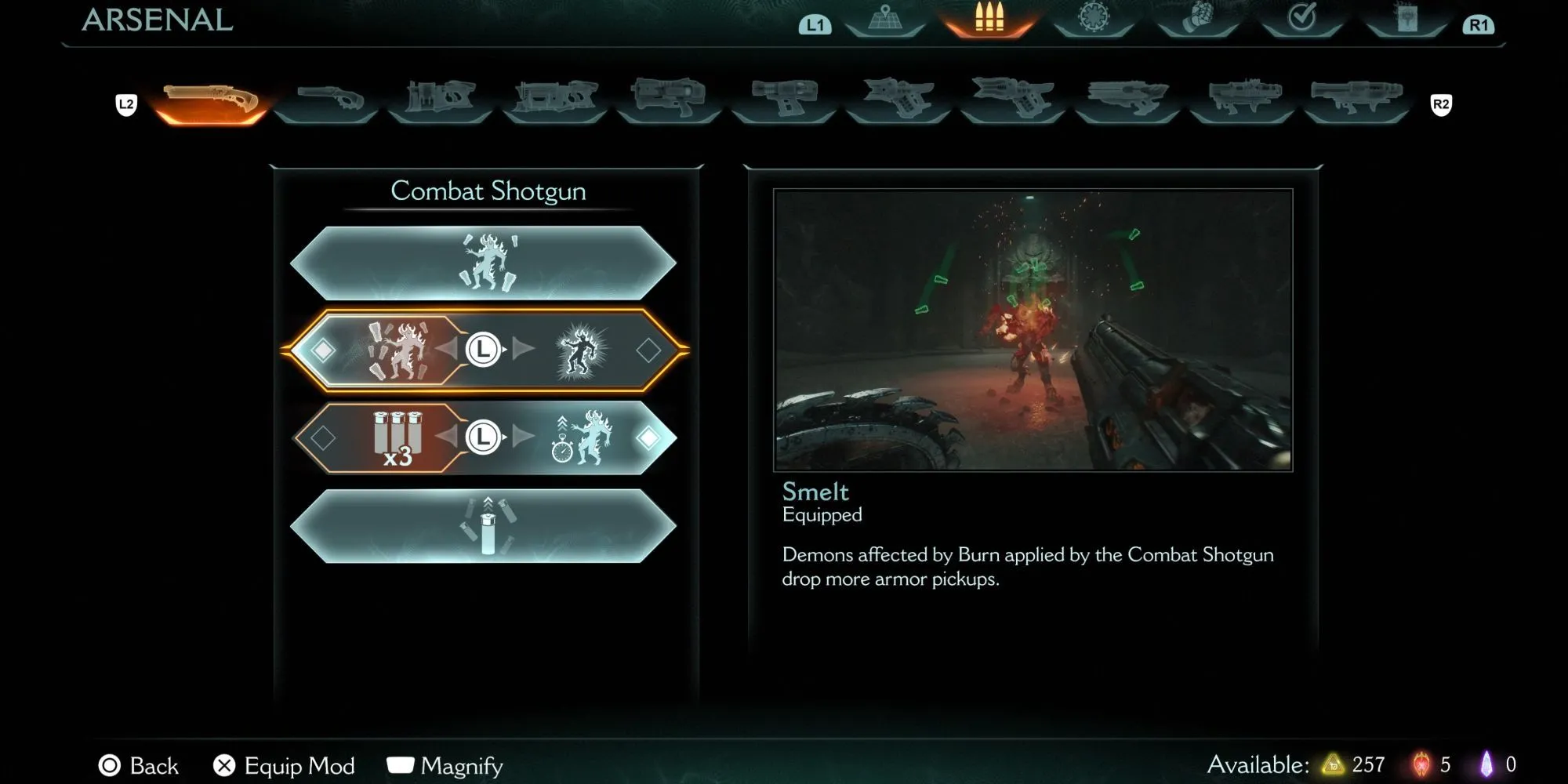 Màn hình nâng cấp vũ khí Smelt cho Combat Shotgun trong DOOM The Dark Ages