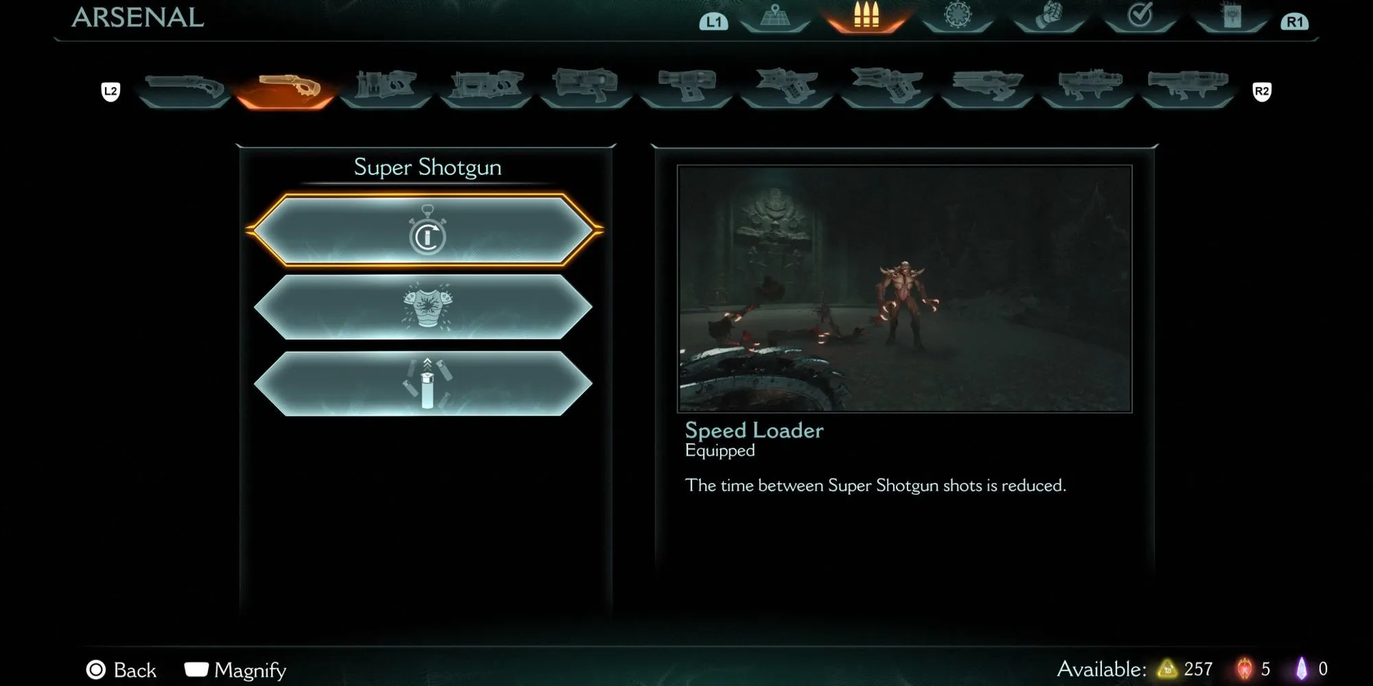 Màn hình nâng cấp vũ khí Speed Loader cho Super Shotgun trong DOOM The Dark Ages