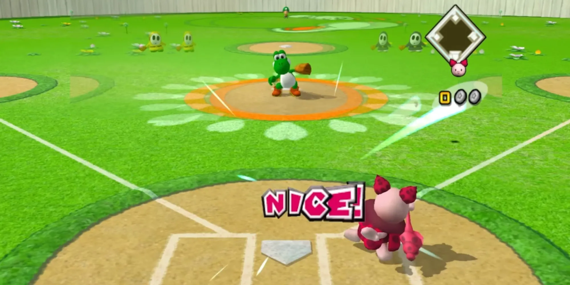 Mario đang vung gậy đánh bóng trong Mario Superstar Baseball trên sân vận động đầy màu sắc