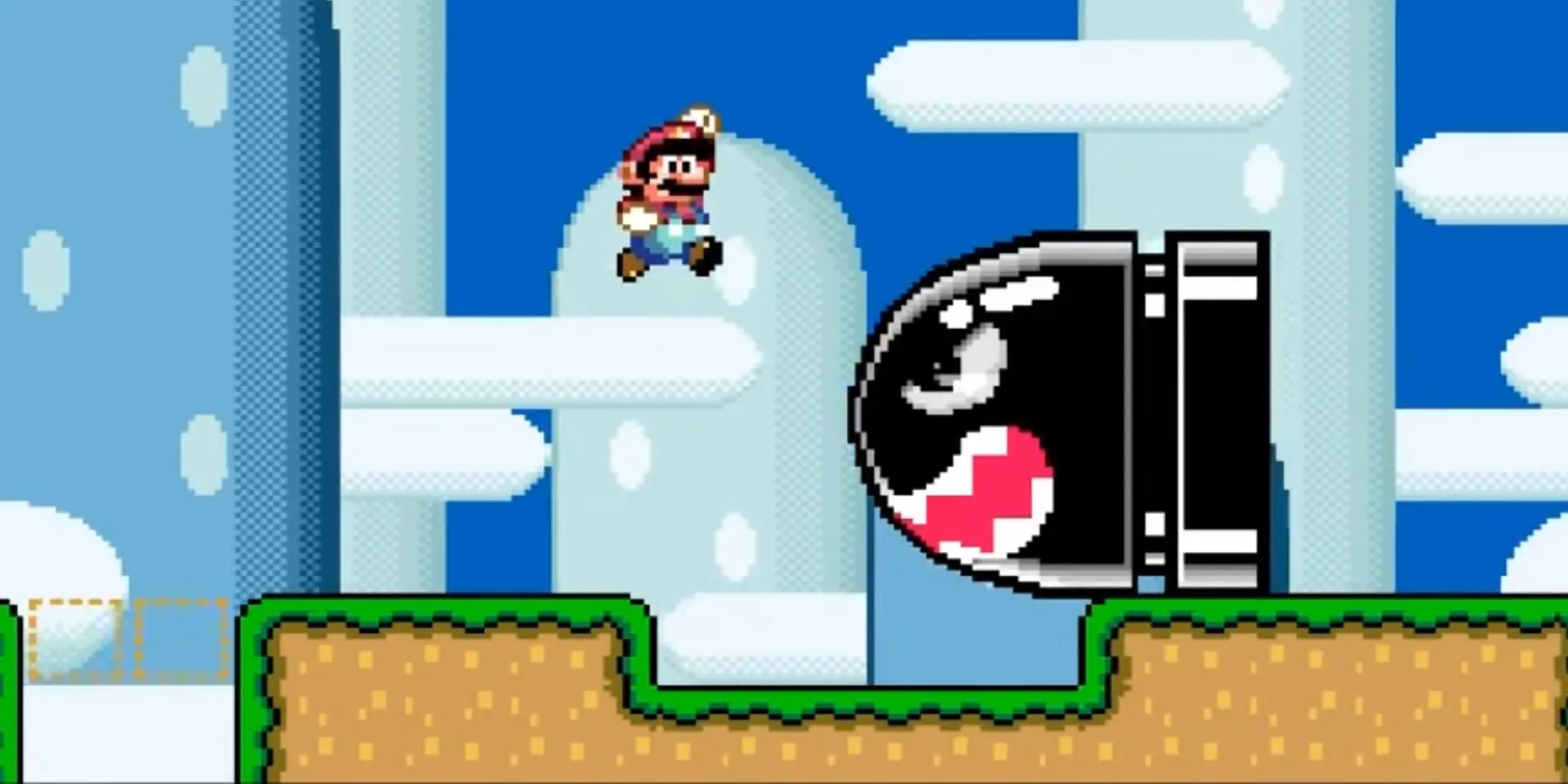 Mario nhảy qua viên đạn Banzai Bill khổng lồ trong Super Mario World