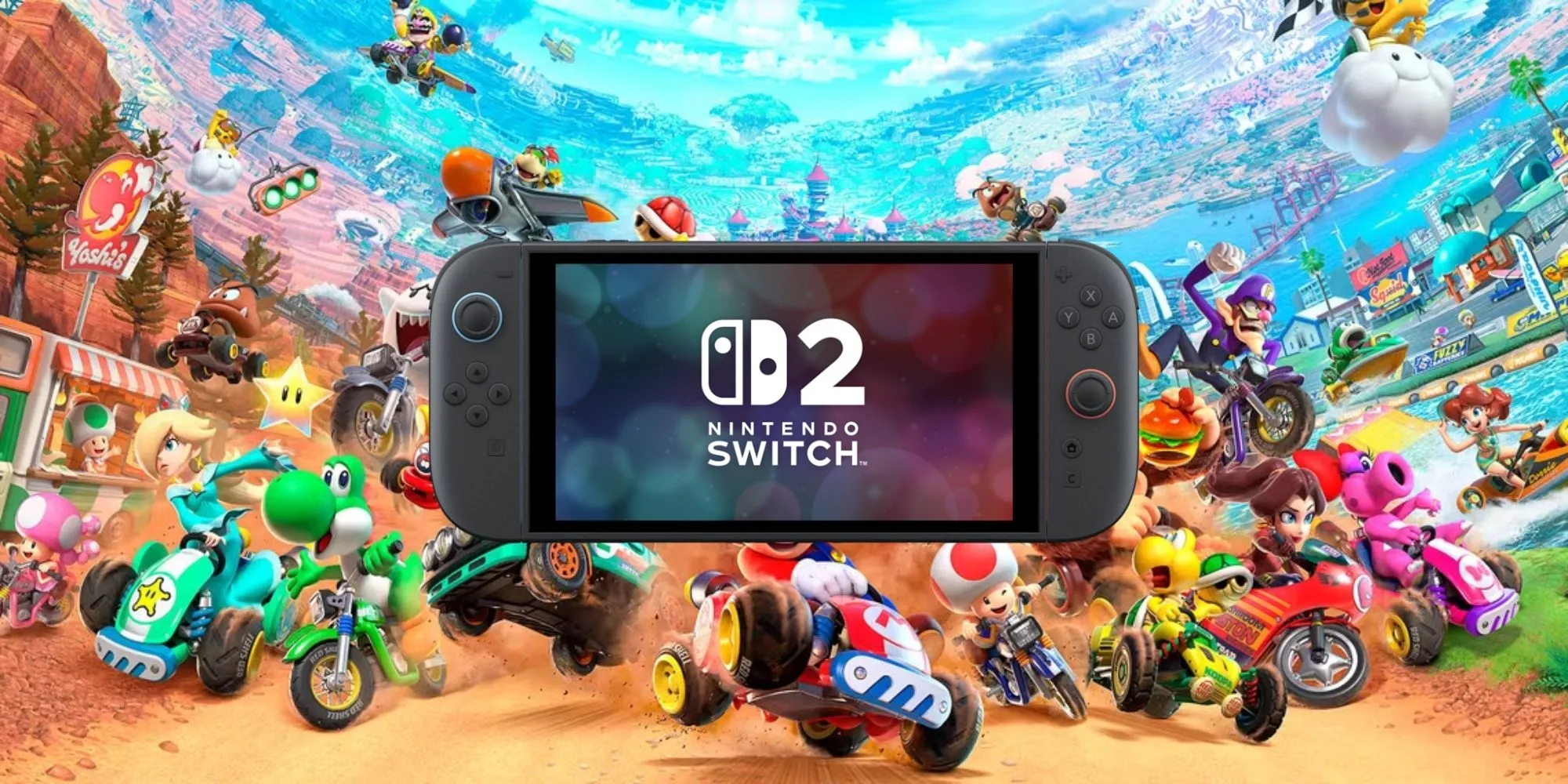 Máy chơi game Nintendo Switch 2 và hình ảnh game Mario Kart World.