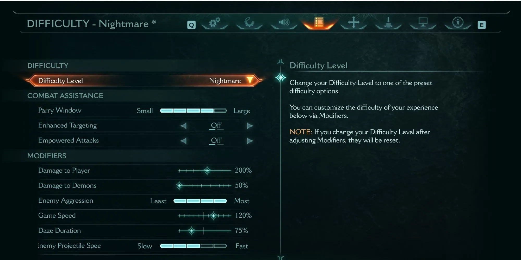 Menu tùy chỉnh chi tiết các cài đặt độ khó nâng cao trong DOOM The Dark Ages