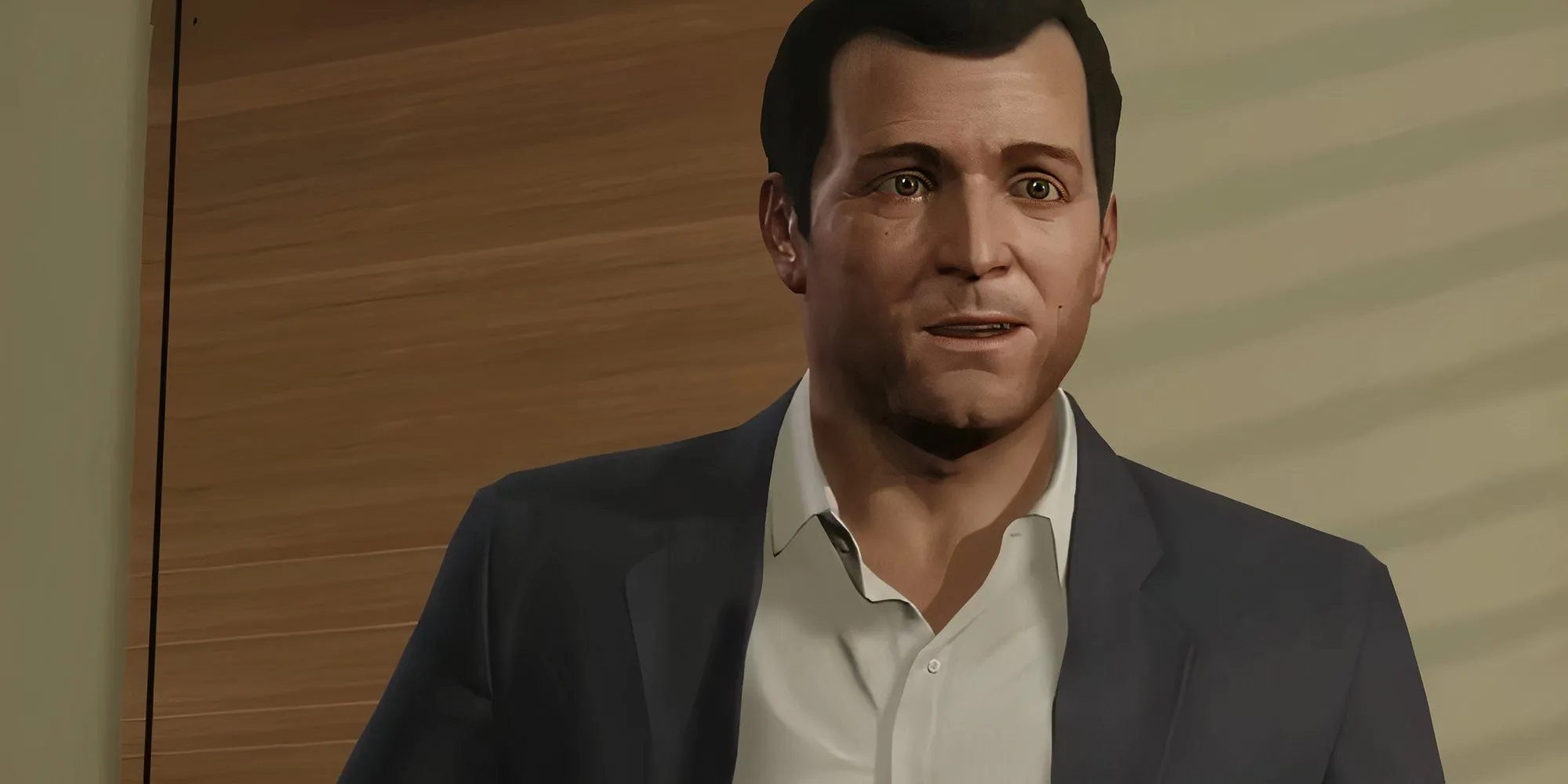 Michael De Santa từ GTA V đang đứng gần một bức tường