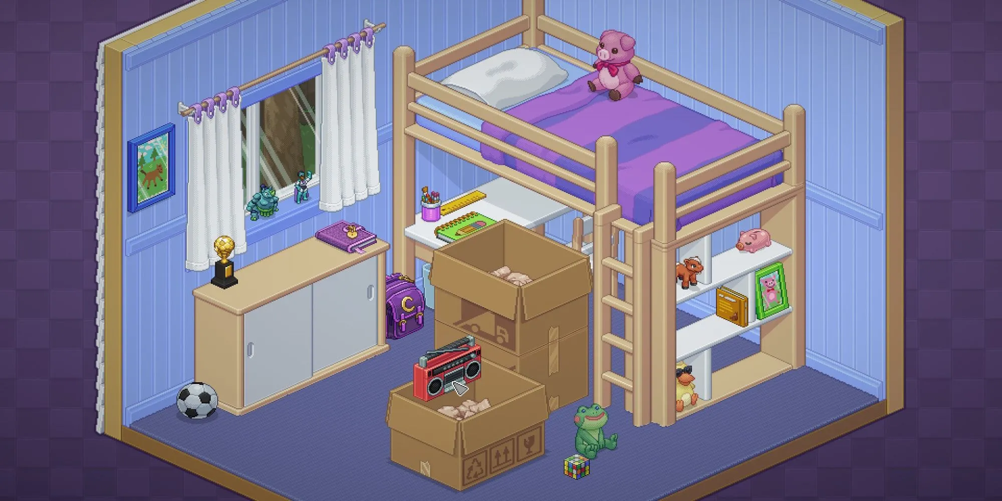 Một căn phòng trong game Unpacking với các hộp đồ đang được sắp xếp.
