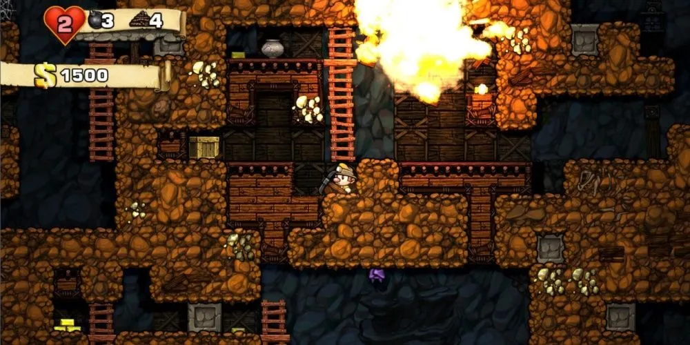 Một cảnh gameplay trong Spelunky với nhân vật chính khám phá hang động