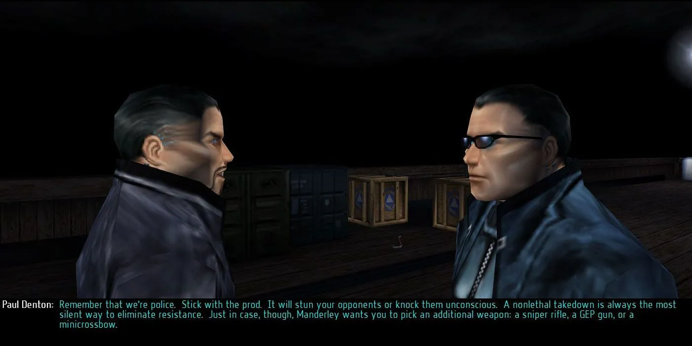 Một cảnh trong game Deus Ex, thể hiện bối cảnh cyberpunk đặc trưng.
