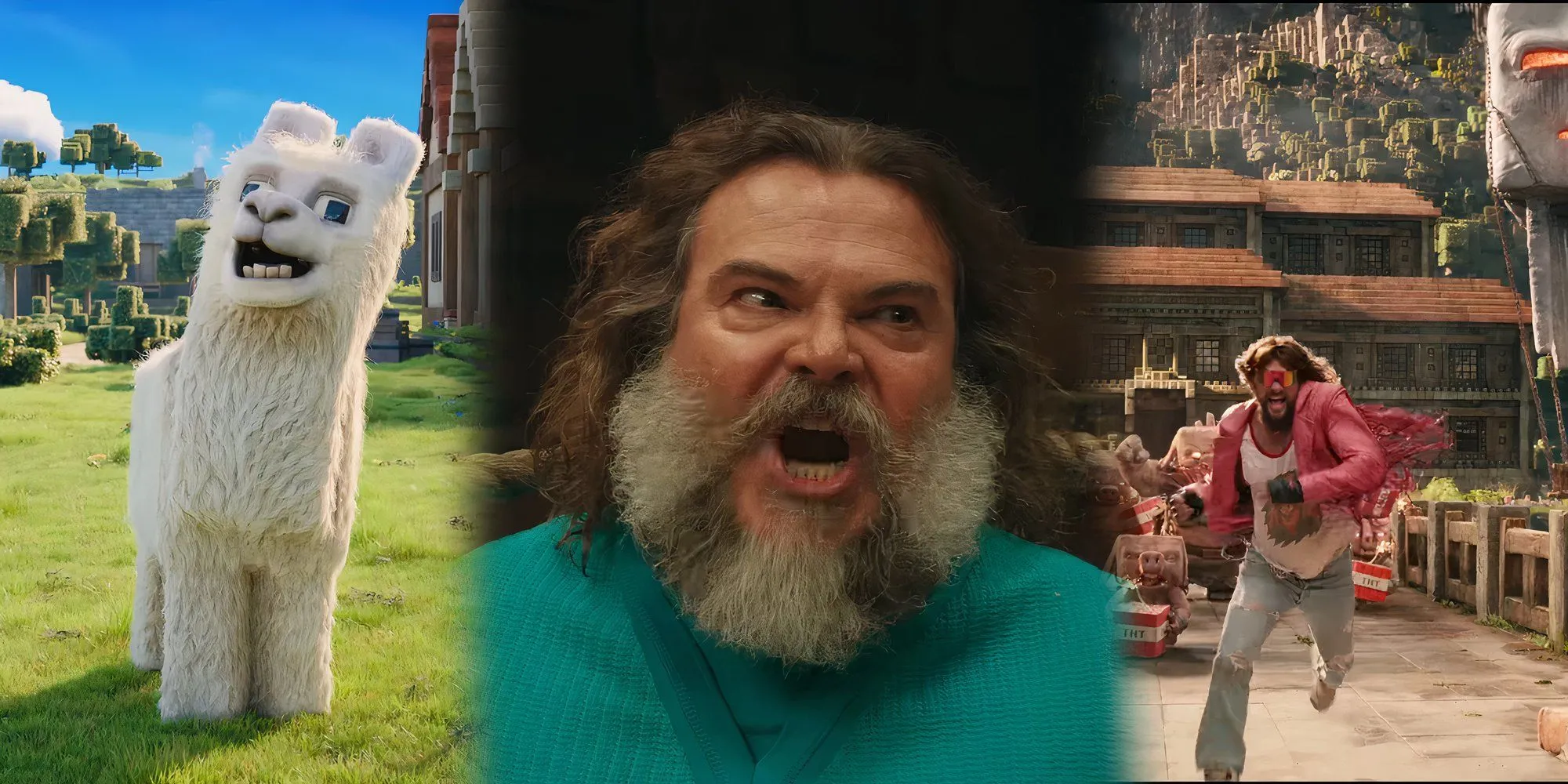 Một cảnh từ bộ phim Minecraft với lạc đà, Steve (Jack Black) và Garrett (Jason Momoa)