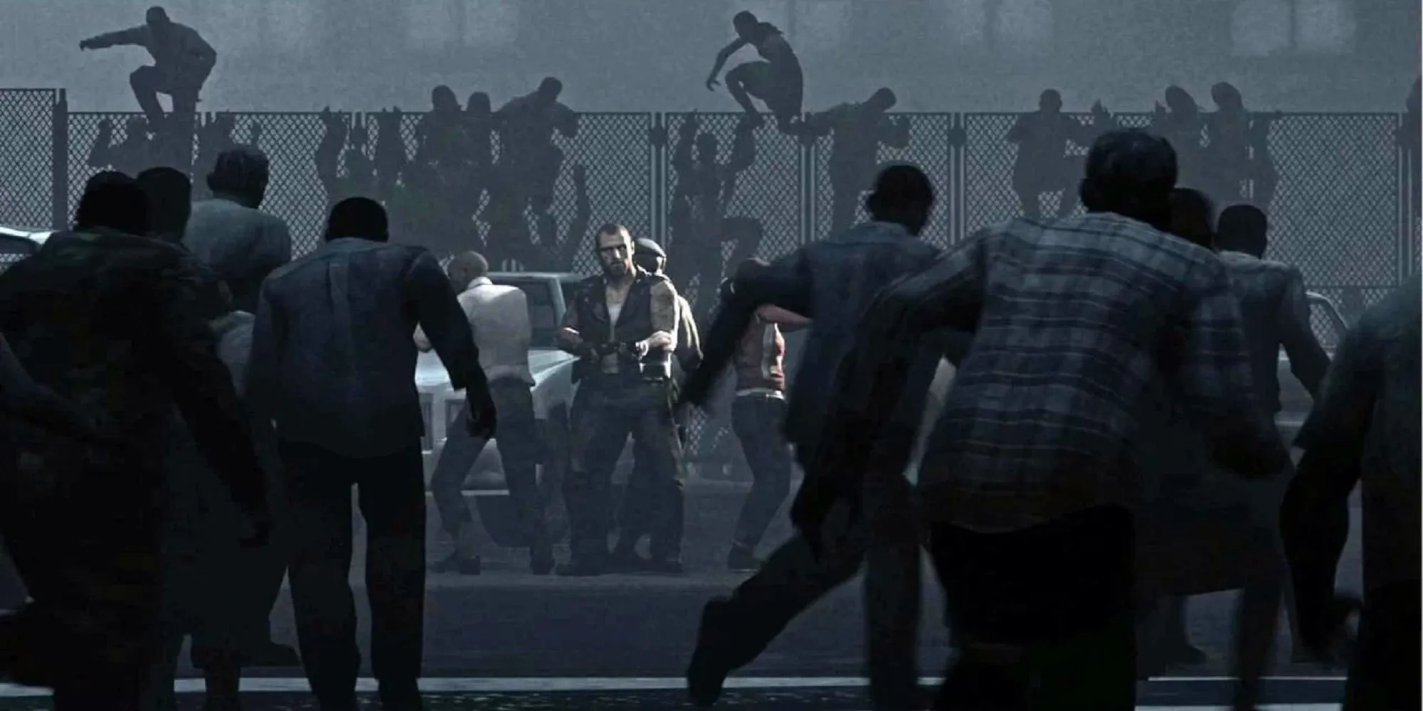 Một cảnh tượng hỗn loạn trong Left 4 Dead 2 với một đám đông zombie đang tấn công những người sống sót.