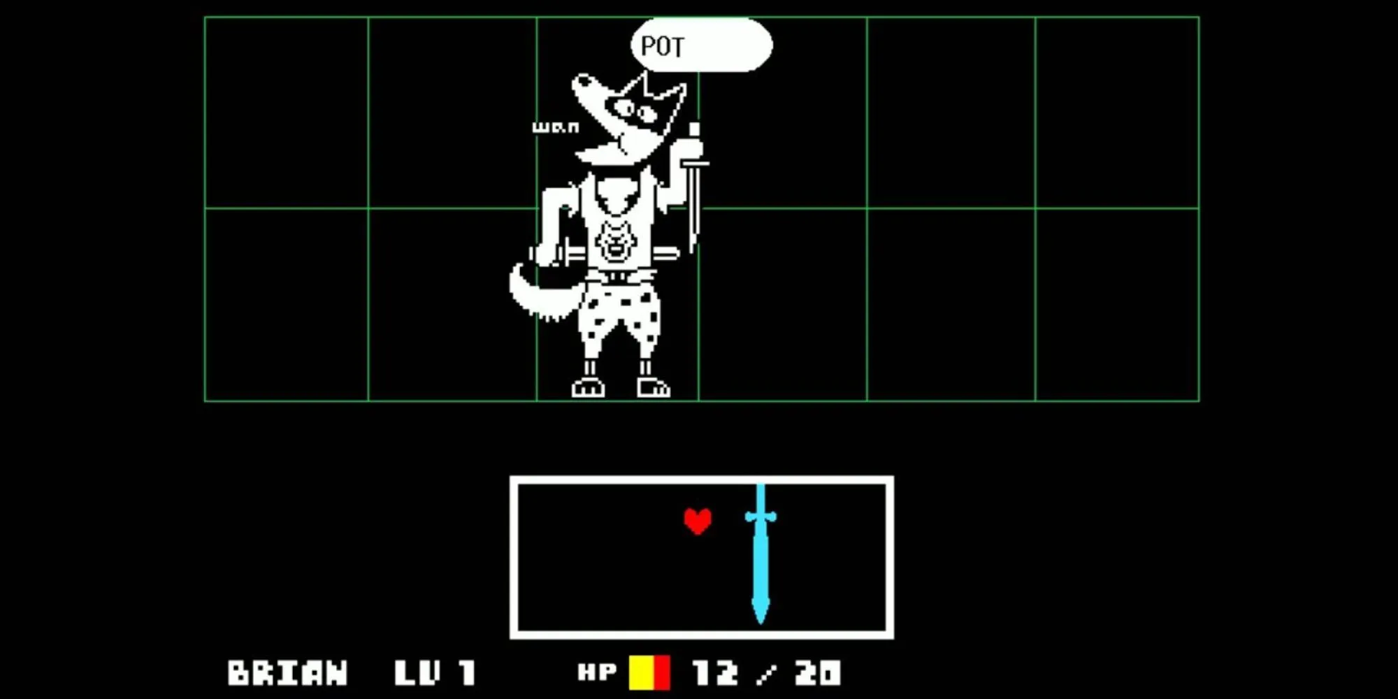 Một chú chó đứng đội chiếc áo sát nách cầm dao găm trong Undertale