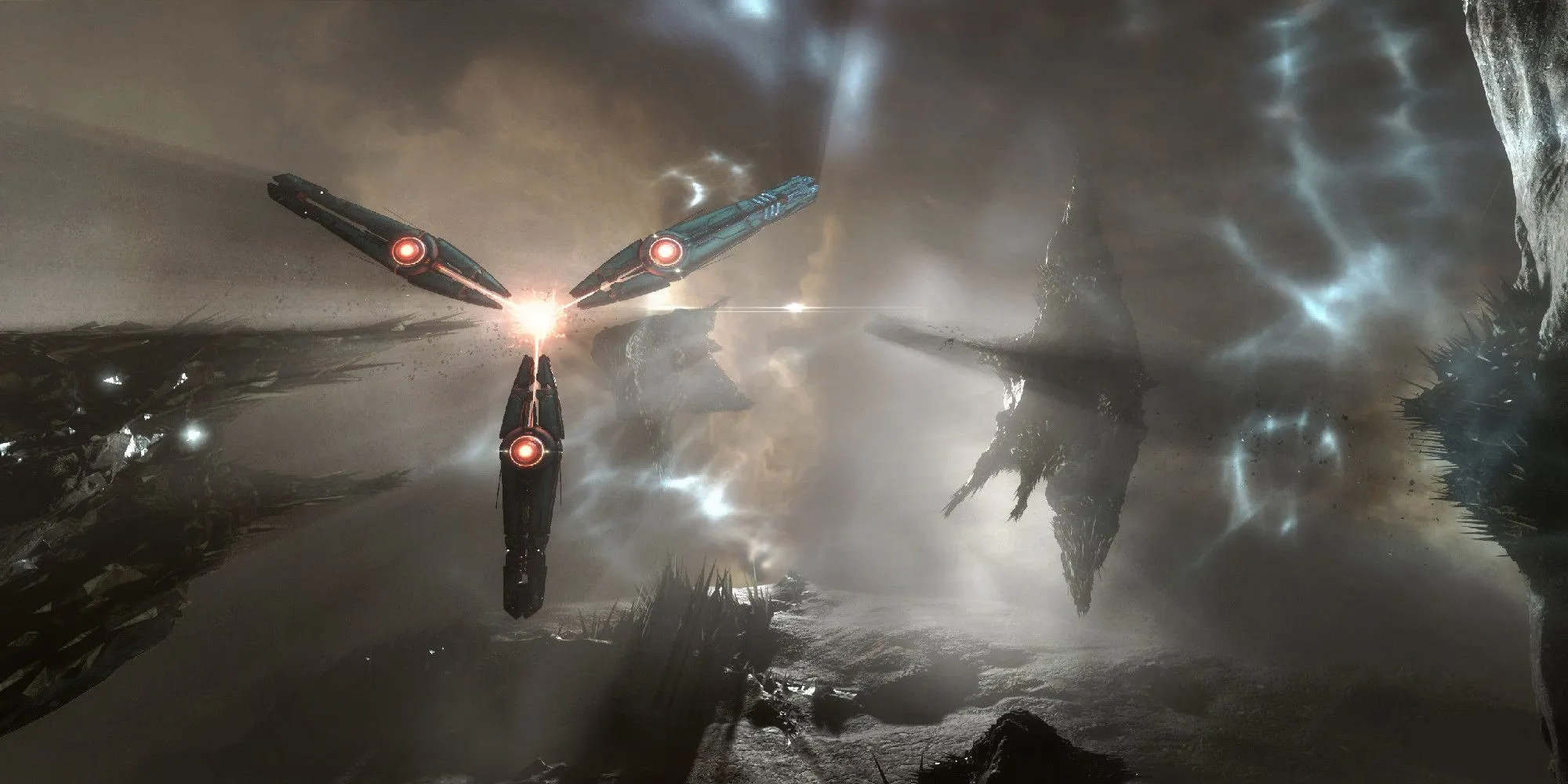 Một con tàu vũ trụ nhỏ trong Eve Online đang bay về phía một tàu chiến khổng lồ