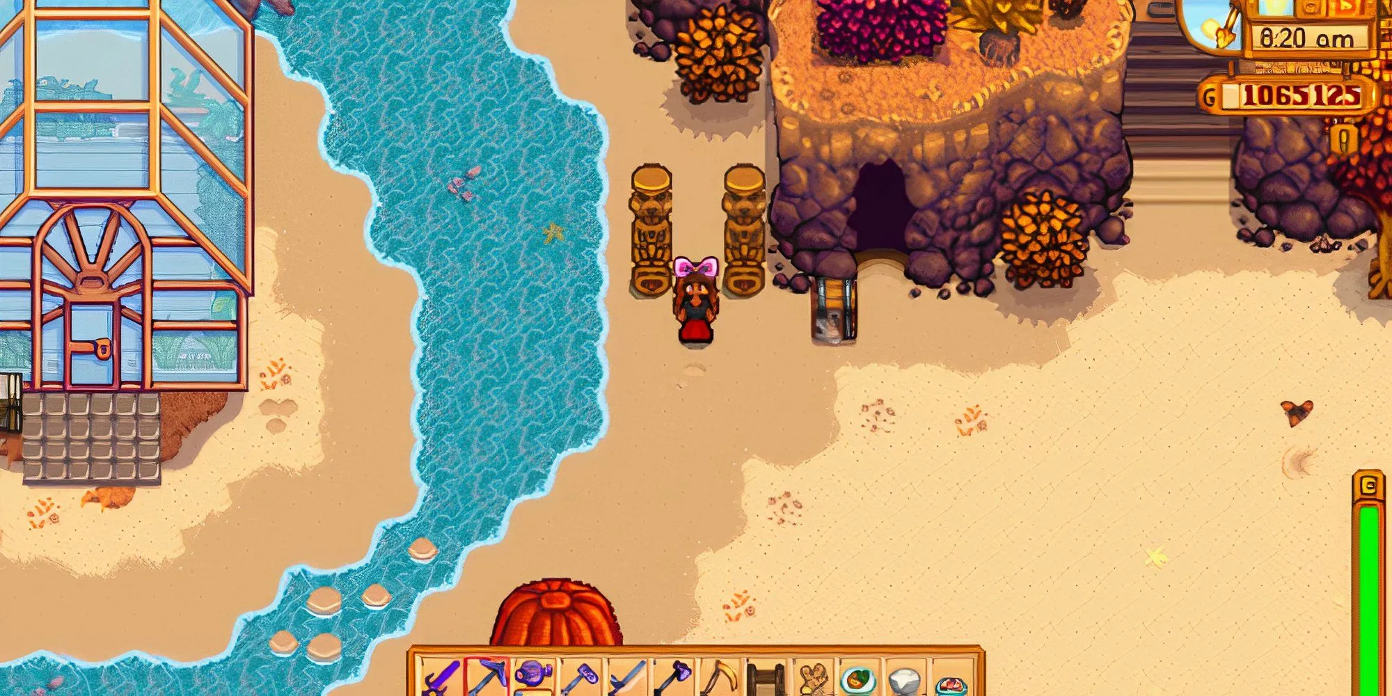 Một góc nhìn đẹp của nông trại trên bãi biển trong Stardew Valley với cây cối và khu vực câu cá.