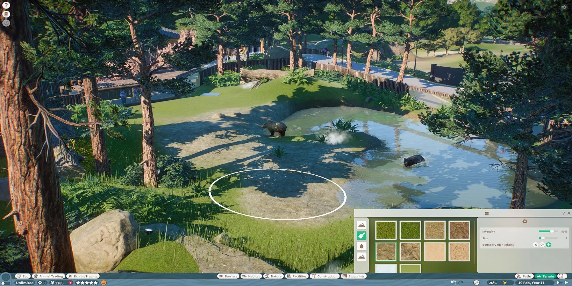 Một góc nhìn tổng quan chuồng thú trong Planet Zoo cần được dọn dẹp