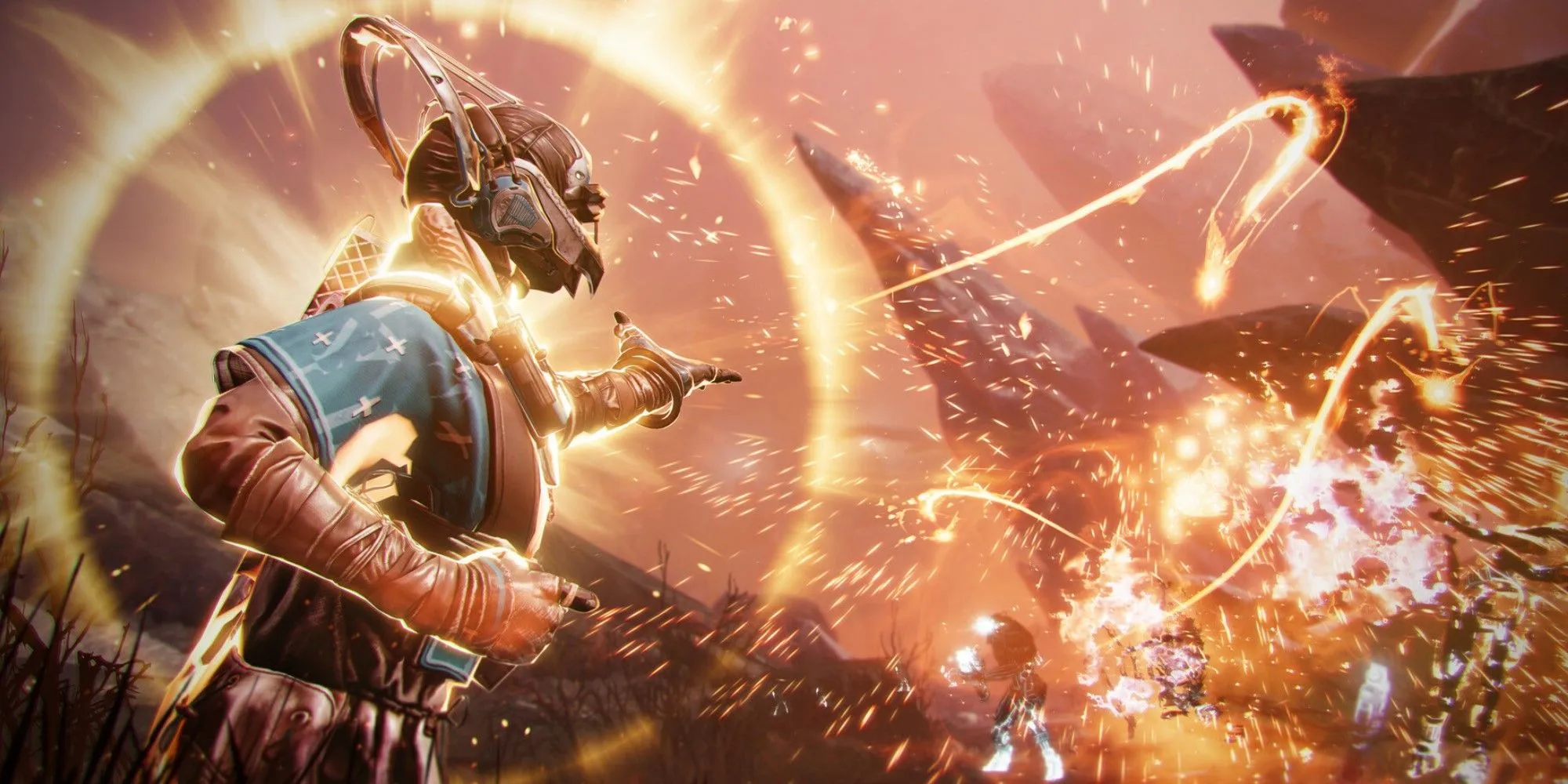 Một hình ảnh trong Destiny 2 The Final Shape thể hiện các Guardian đang chiến đấu với kẻ thù trong một môi trường tương lai đầy màu sắc.