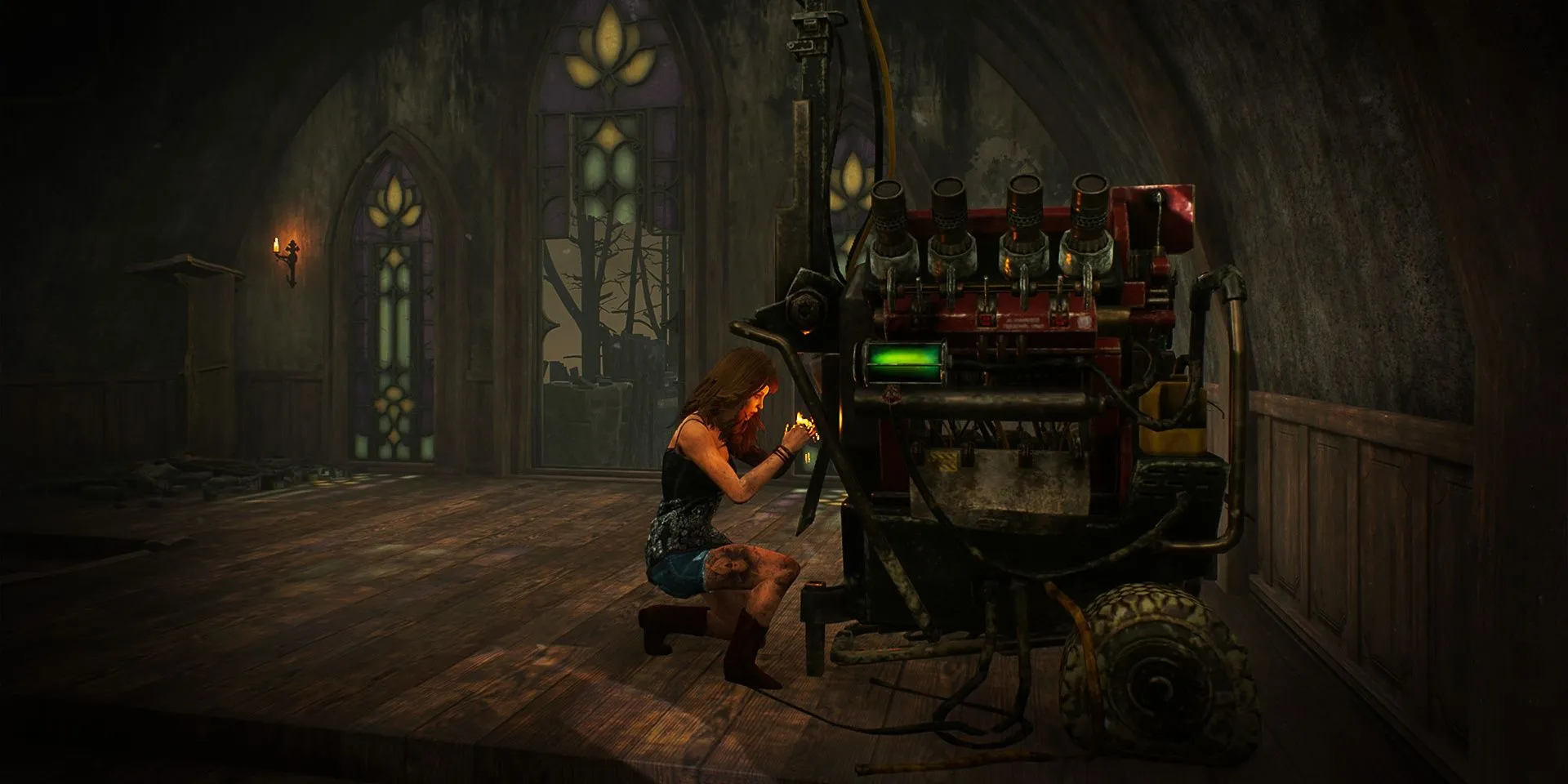 Một người sống sót đang sửa máy phát điện trong Dead by Daylight, một cảnh tượng quen thuộc trong game kinh dị sinh tồn nhiều người chơi này.