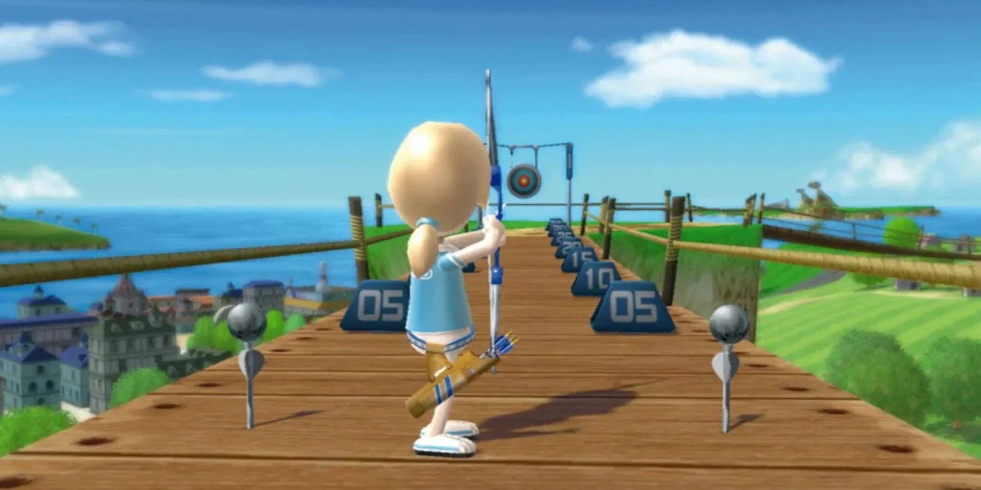 Một nhân vật Mii nhắm cung vào mục tiêu bắn cung trong game Wii Sports Resort.
