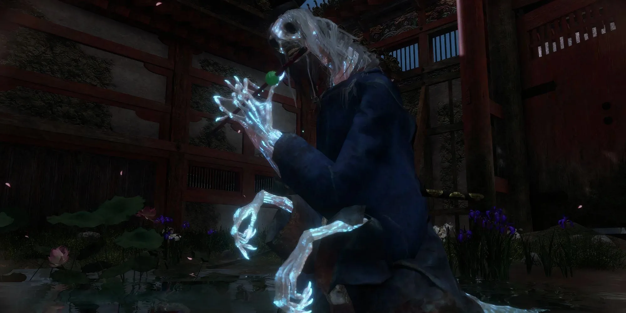 Một nhân vật trong game Sekiro gục ngã, cơ thể run rẩy và yếu ớt, minh họa cho hiệu ứng Enfeeble làm suy giảm nghiêm trọng khả năng chiến đấu.