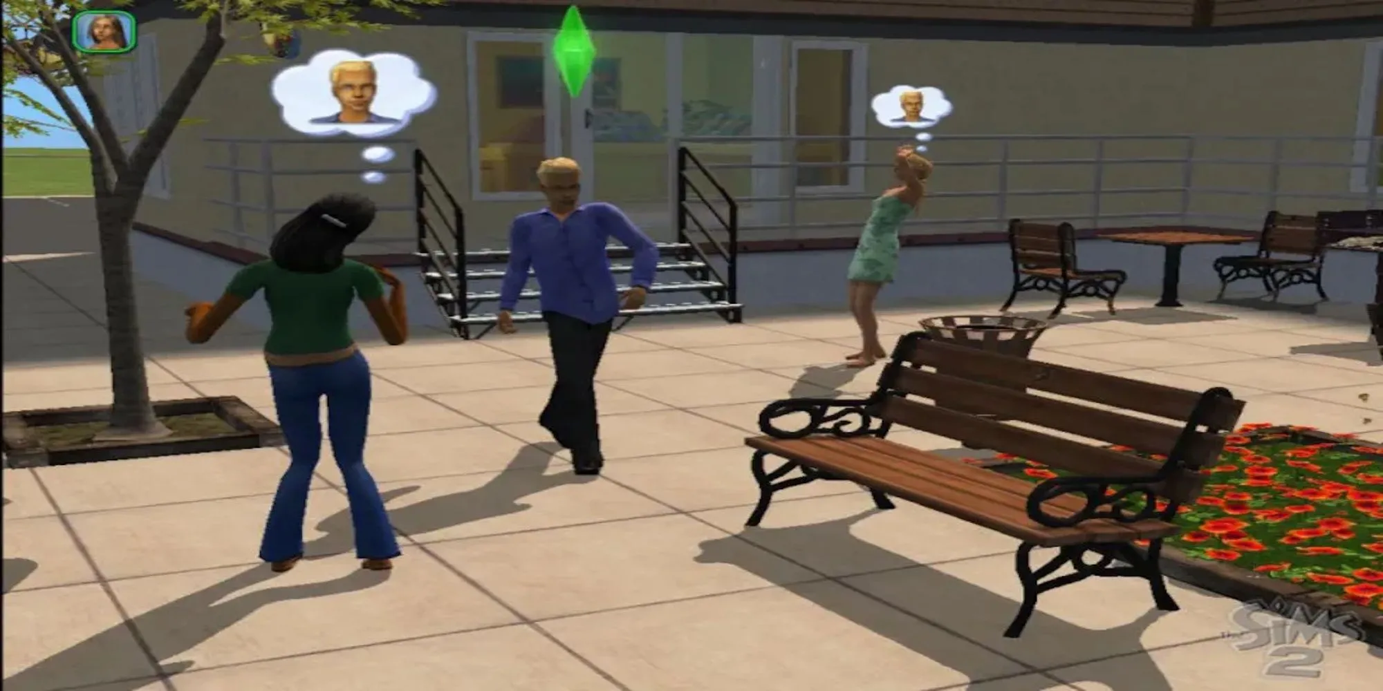Một Sim đang thực hiện các hoạt động vệ sinh cá nhân trong The Sims 2
