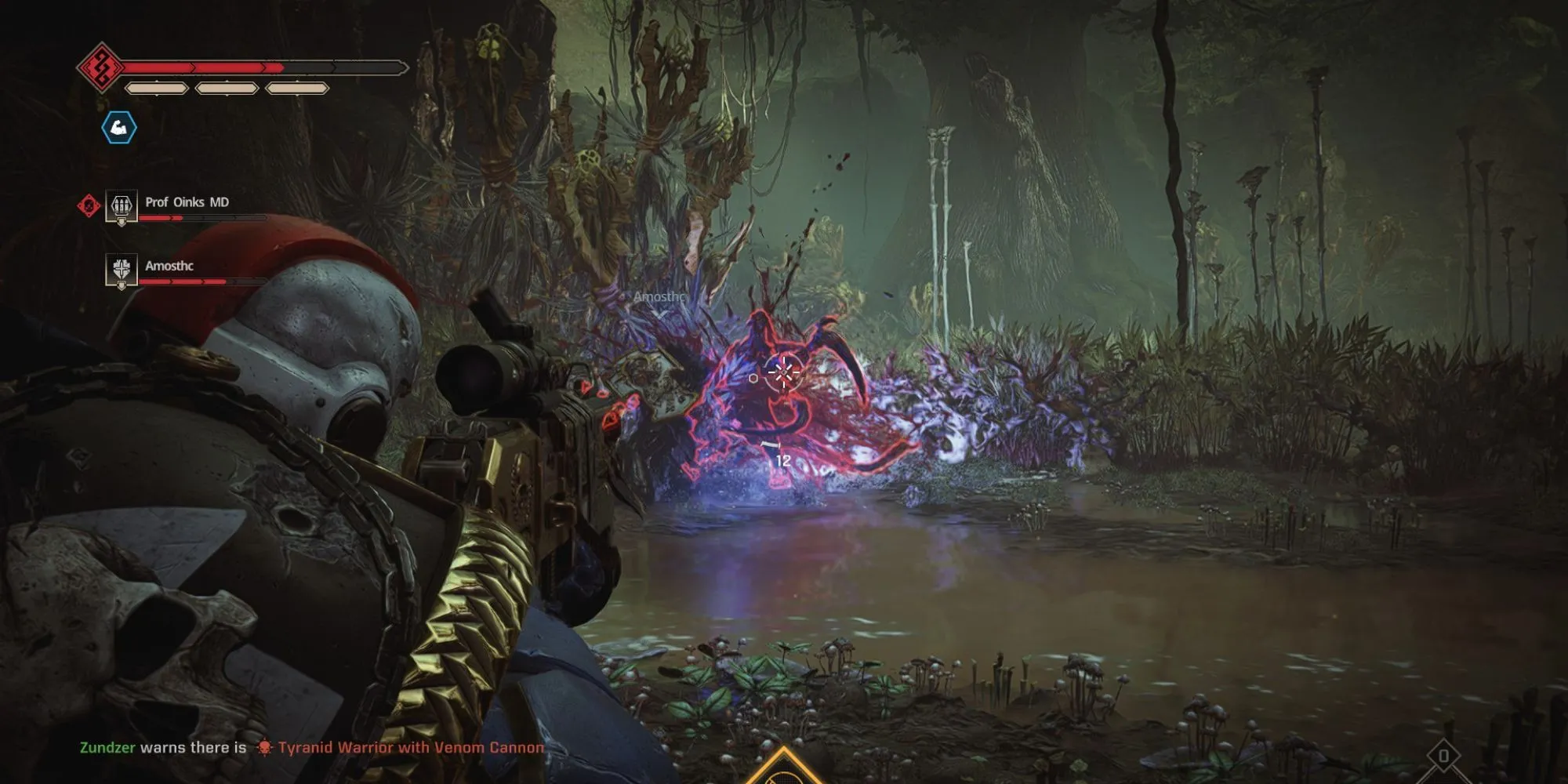 Một Space Marine trong Warhammer 40K Space Marine 2 đang dũng mãnh chiến đấu chống lại bầy Tyranid đông đảo, thể hiện sự tàn khốc của cuộc chiến.