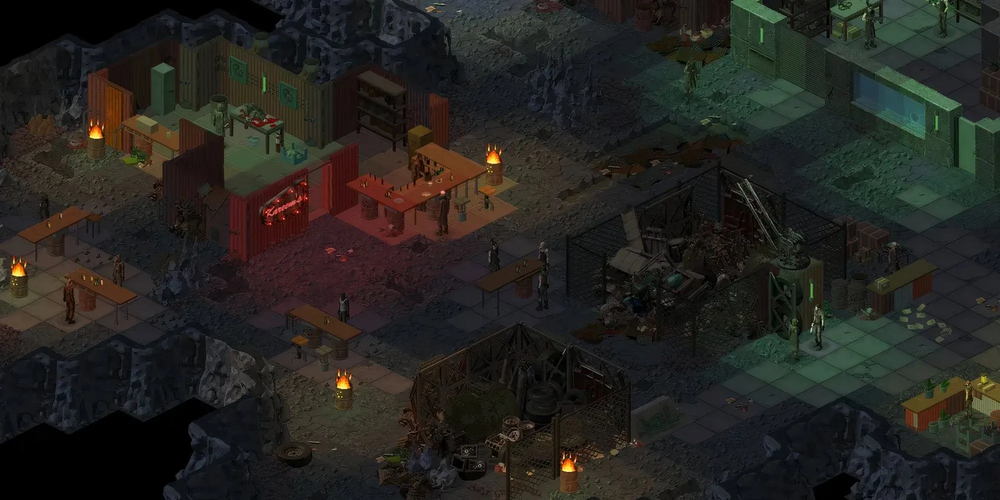 Một thành phố dưới lòng đất trong game Underrail với kiến trúc kim loại và ánh sáng mờ ảo