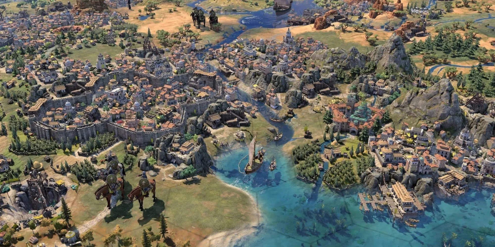 Một thành phố phát triển trong Civilization 7 với nhiều công trình kiến trúc