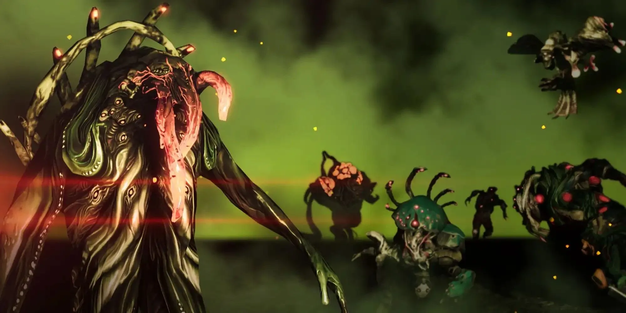 Một Warframe mạnh mẽ đang tung hoành giữa bầy kẻ thù trong một nhiệm vụ horde shooter.