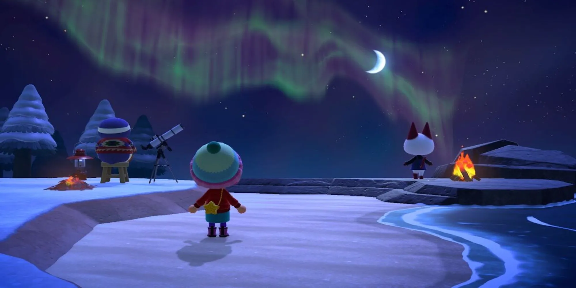 Người chơi và dân làng cùng nhau ngắm bầu trời đêm trong Animal Crossing: New Horizons