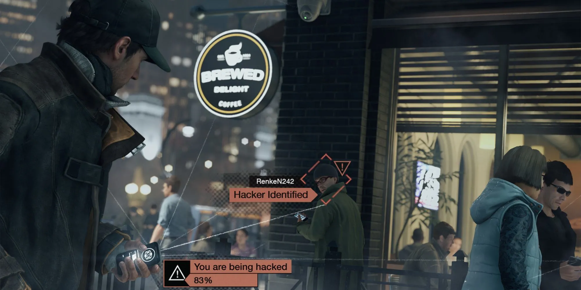 Nhân vật Aiden Pearce trong Watch Dogs nhìn bao quát thành phố Chicago hiện đại được kết nối bởi hệ thống ctOS