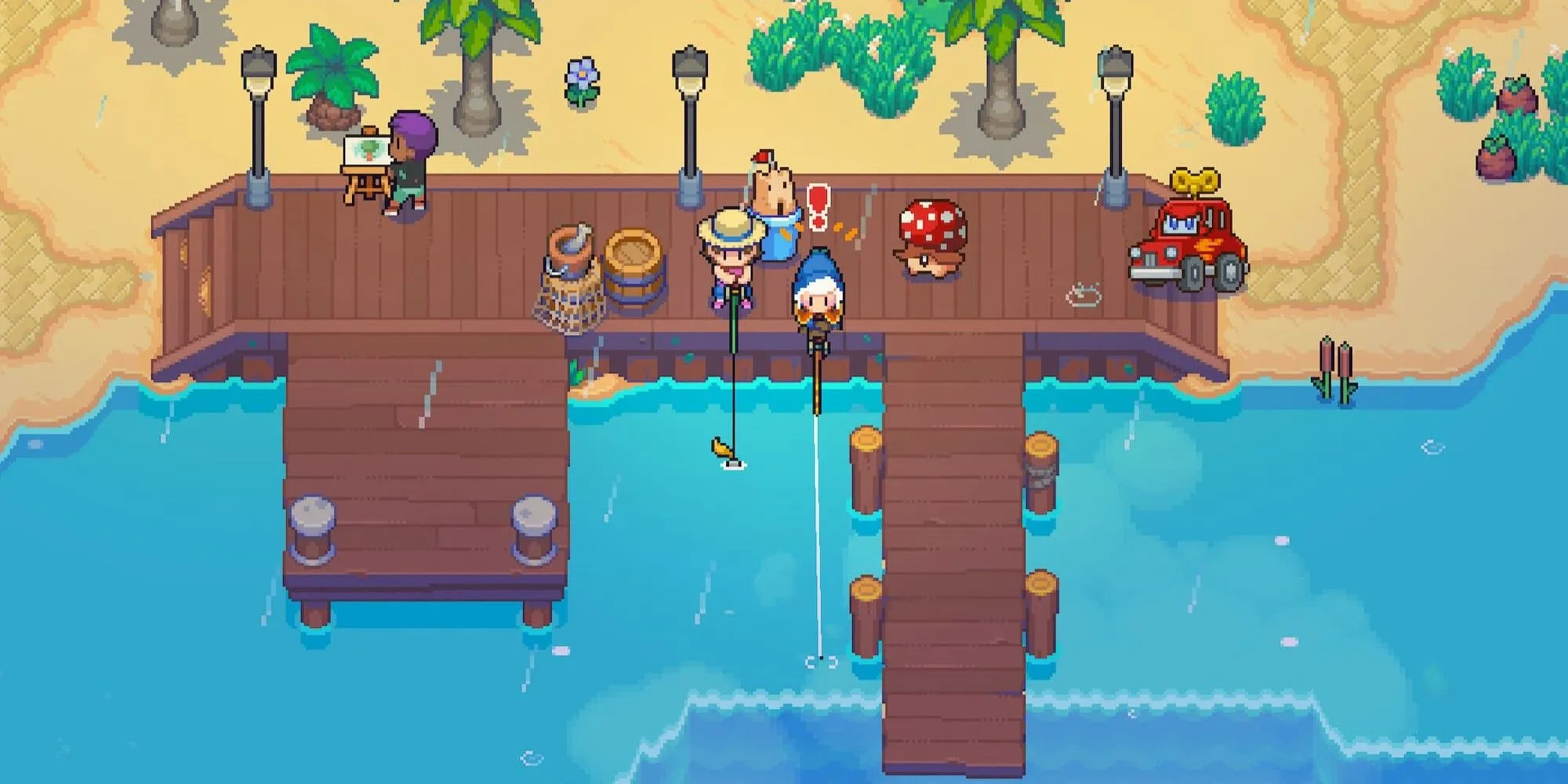 Nhân vật câu cá trên hòn đảo bay lơ lửng trong game Moonstone Island