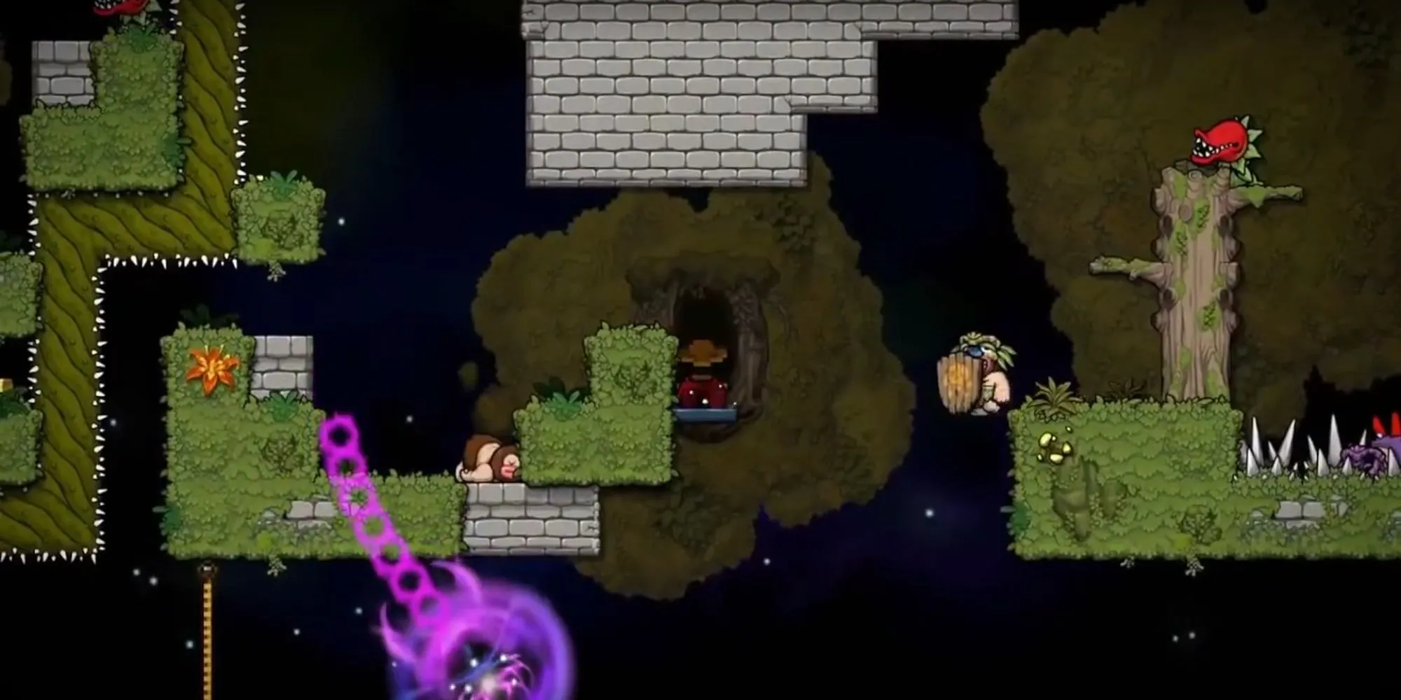 Nhân vật chính đang nhảy qua các nền tảng trong một màn chơi đầy nguy hiểm của Spelunky 2.