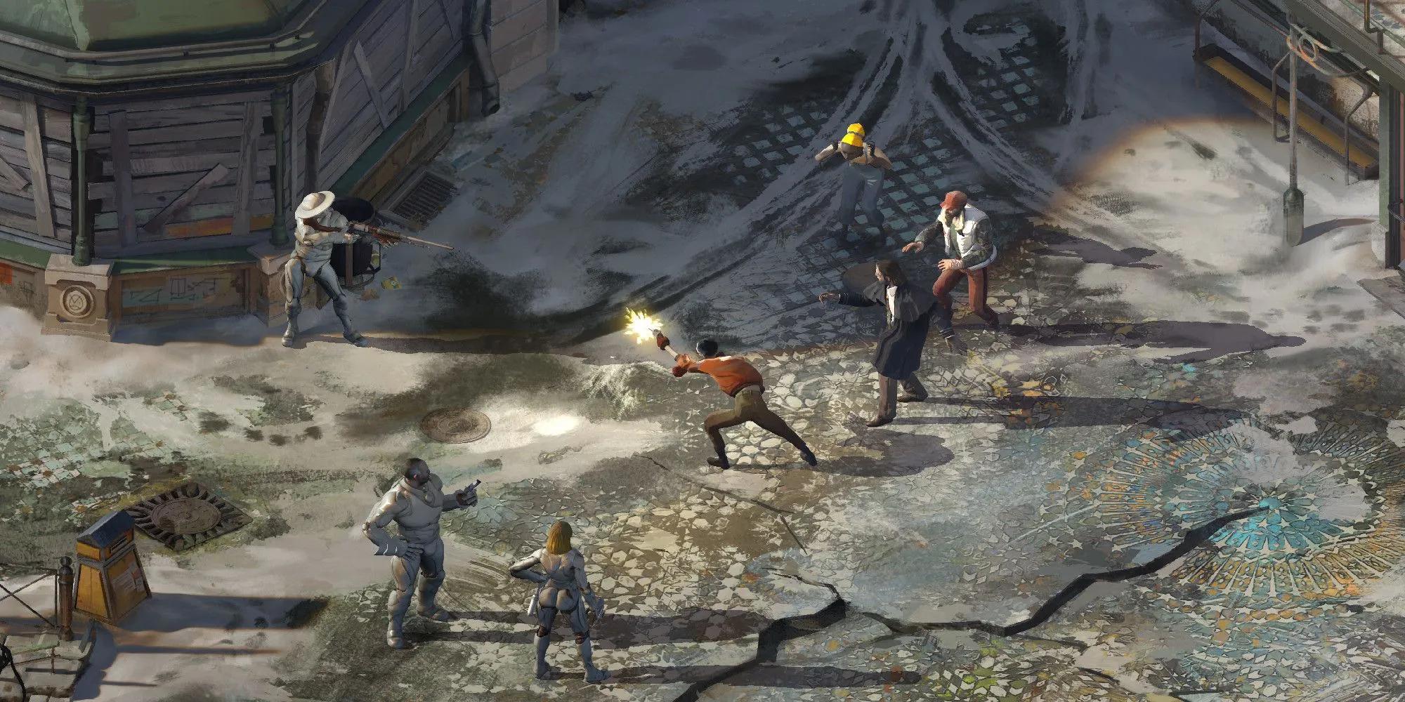 Nhân vật chính đang nói chuyện với một người đàn ông trong Disco Elysium, game RPG tâm lý sâu sắc với các lựa chọn triết học phức tạp.