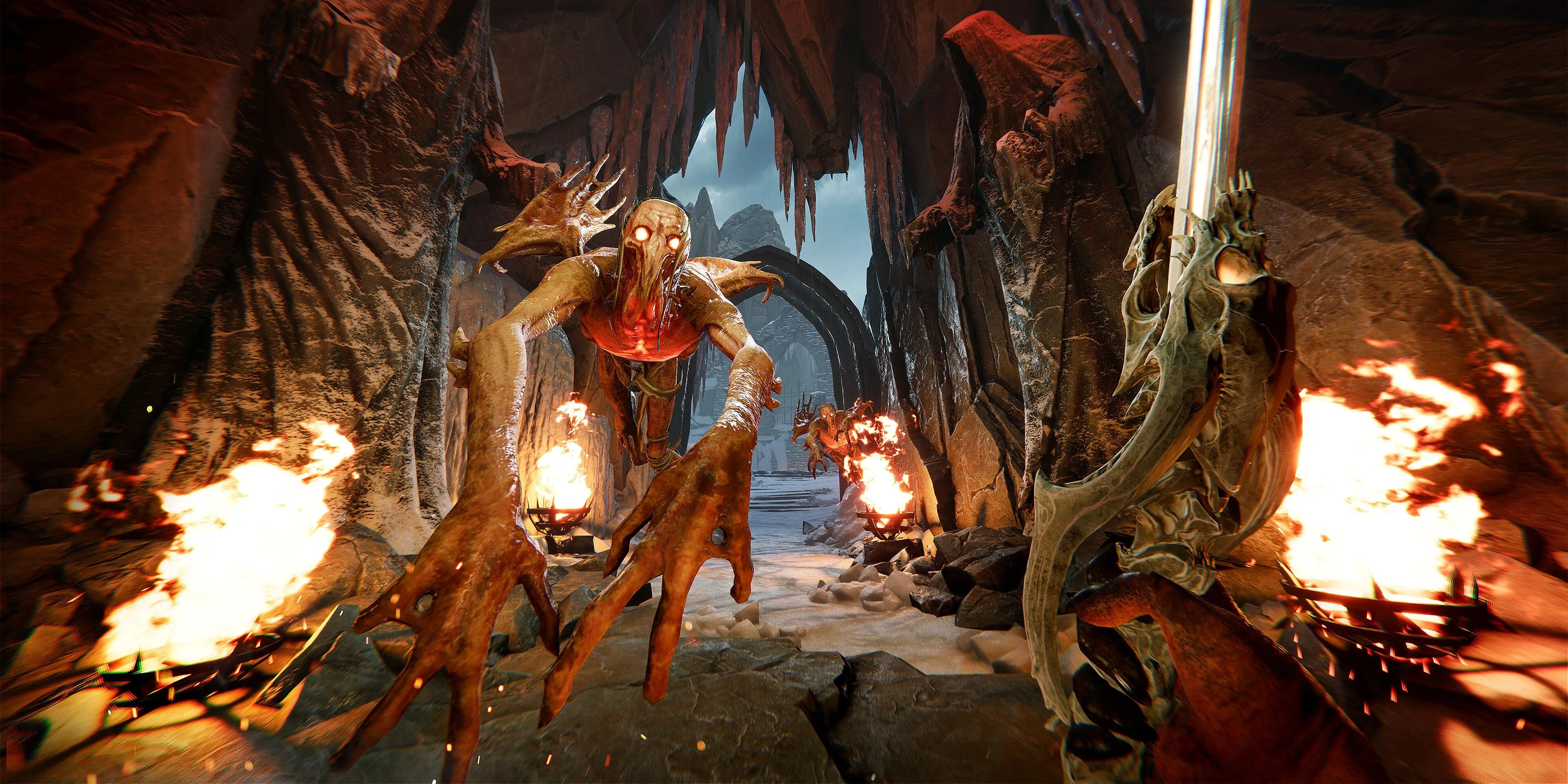 Nhân vật chính đối mặt với quỷ dữ với thanh kiếm trong Metal: Hellsinger, một game bắn súng nhịp điệu đầy máu lửa.