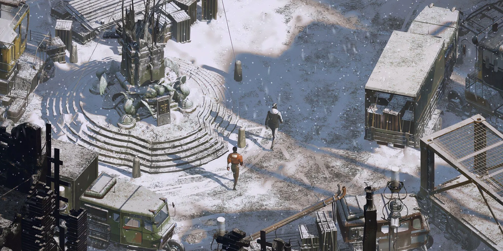 Nhân vật chính Harry Du Bois và đối tác Kim Kitsuragi đi bộ trong tuyết tại khu vực Martinaise trong game Disco Elysium
