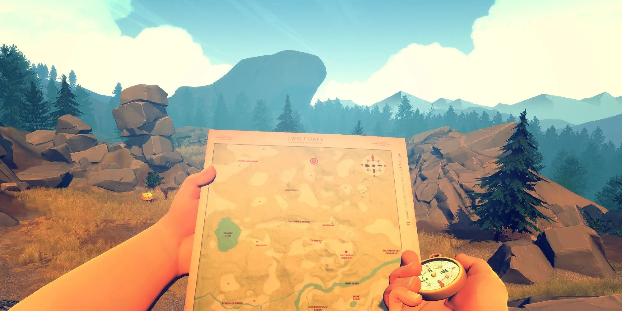 Nhân vật chính Henry cầm bản đồ, biểu tượng cho hành trình khám phá trong game Firewatch