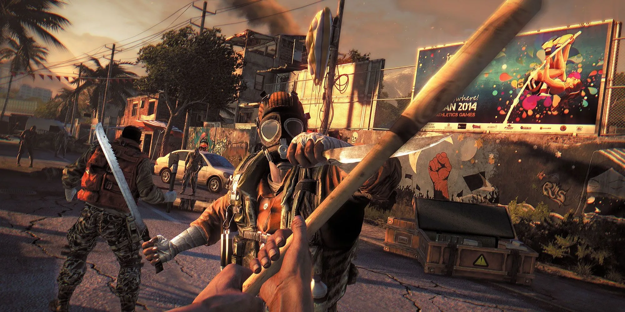 Nhân vật chính nhìn bao quát thành phố Harran bị tàn phá bởi zombie trong Dying Light