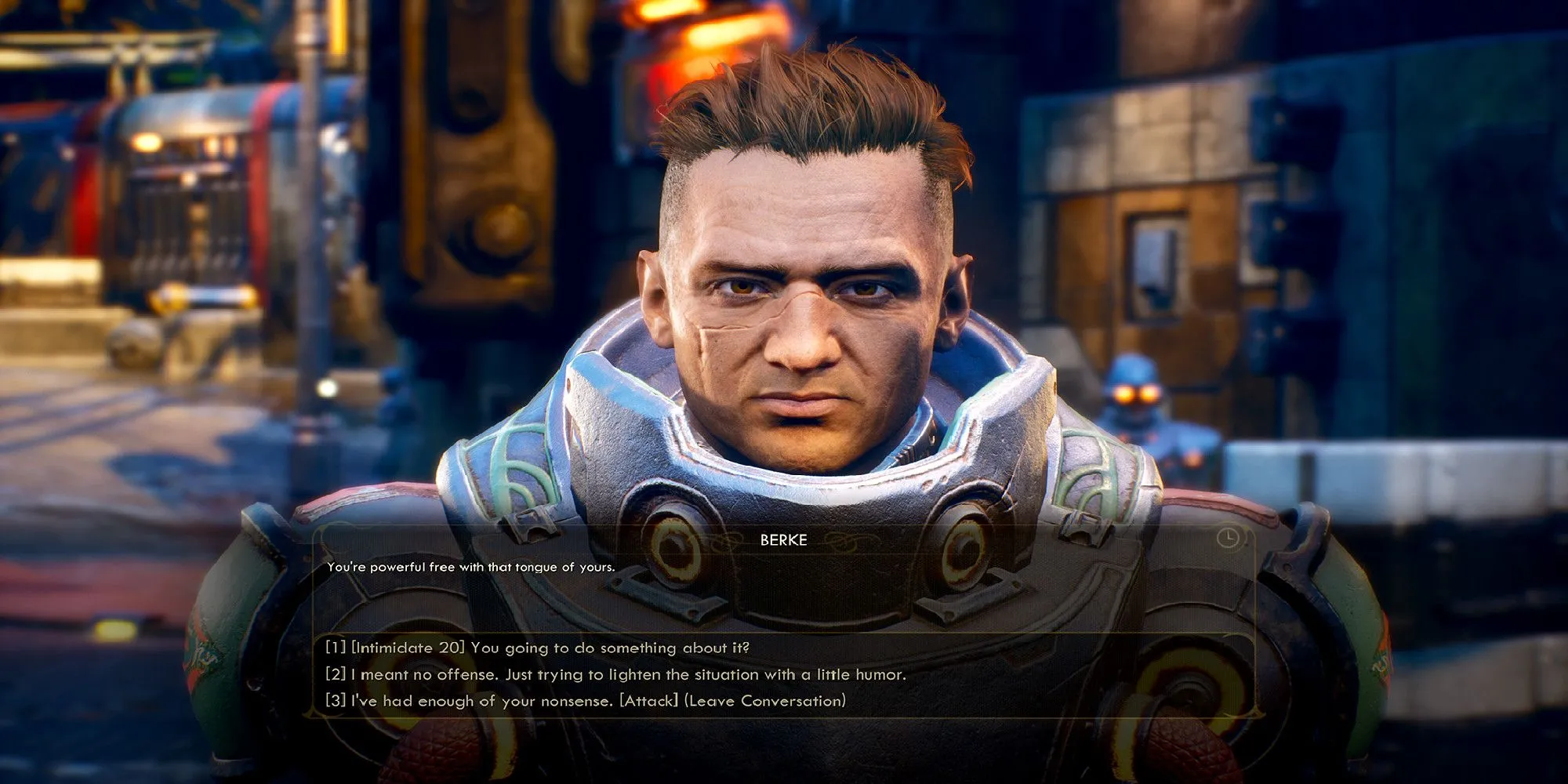 Nhân vật chính nói chuyện với một người lính trong The Outer Worlds, bối cảnh một thế giới đầy rẫy sự lựa chọn kỳ lạ.
