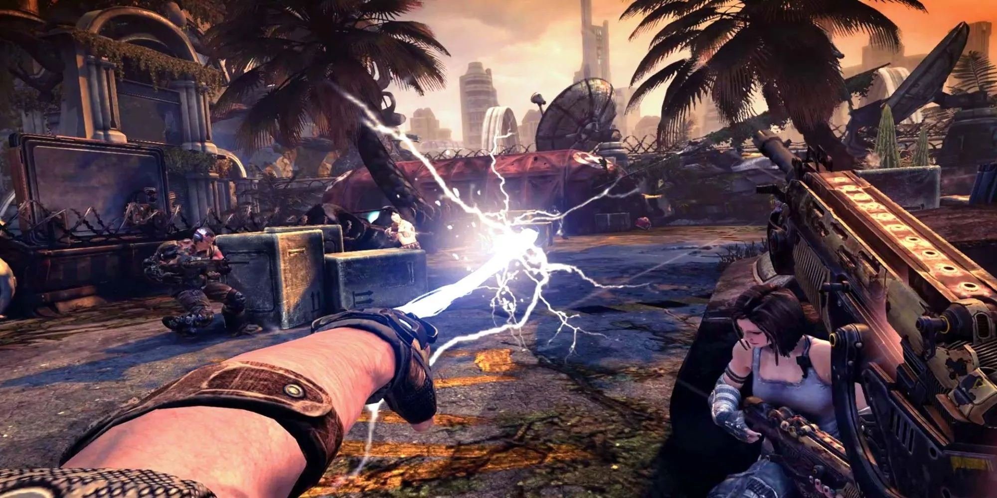 Nhân vật chính sử dụng cây roi năng lượng trong tựa game Bulletstorm trên PS3