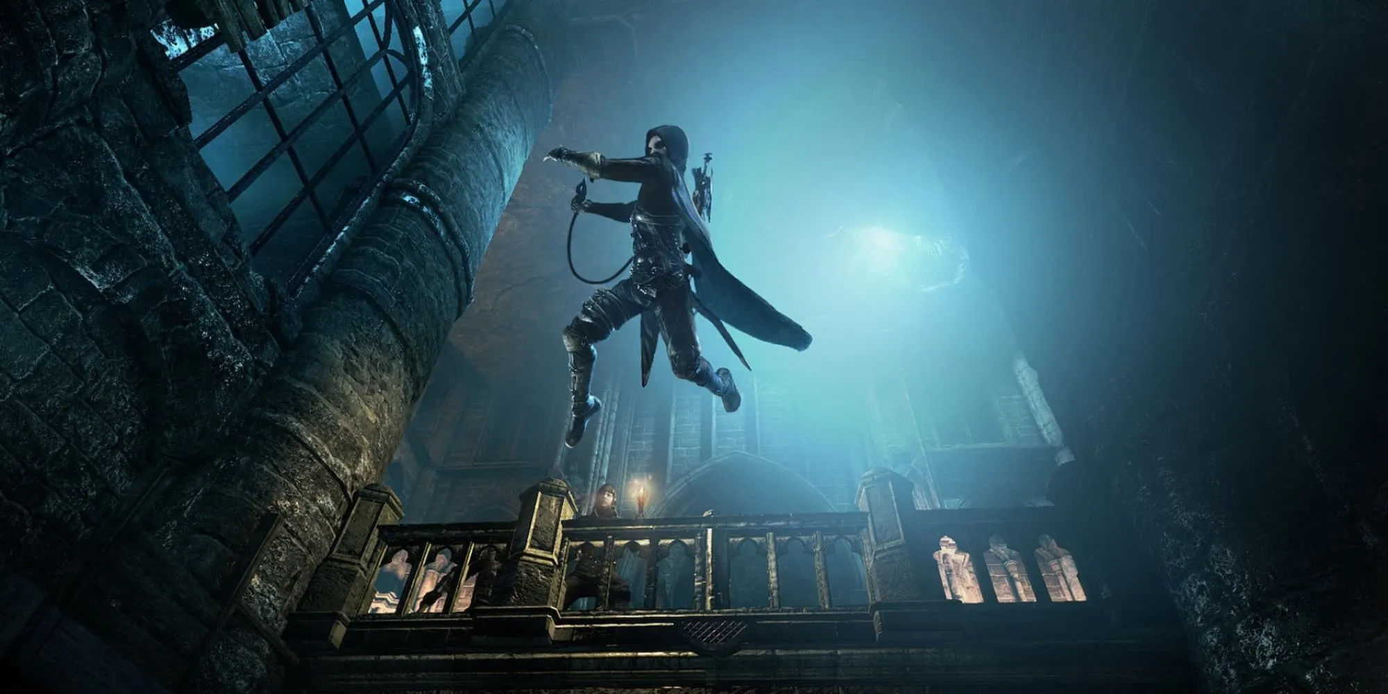 Nhân vật chính thực hiện cú nhảy lén lút trong game Thief