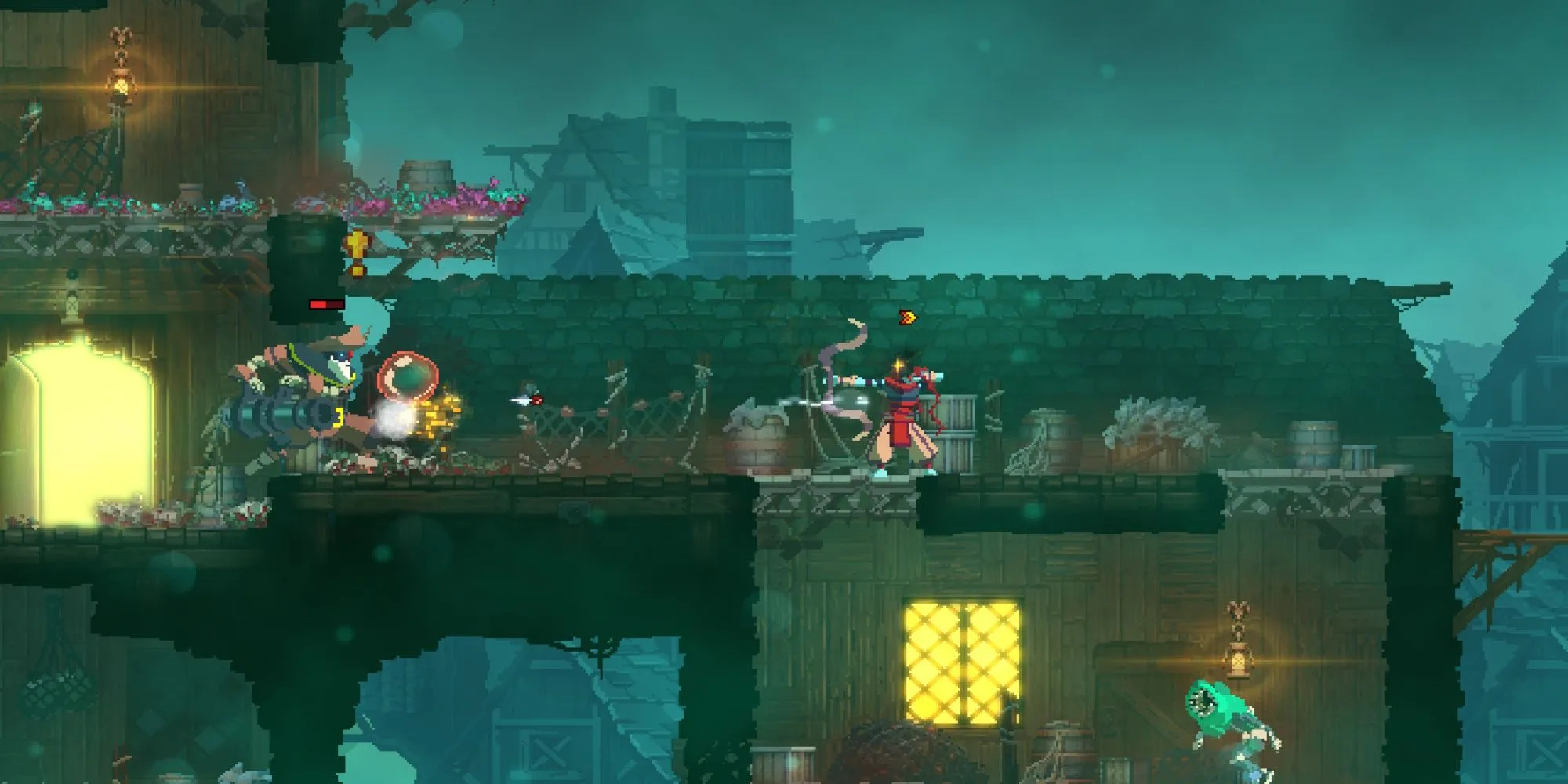 Nhân vật chính trong Dead Cells chiến đấu với kẻ thù trong một màn chơi pixel art đặc trưng