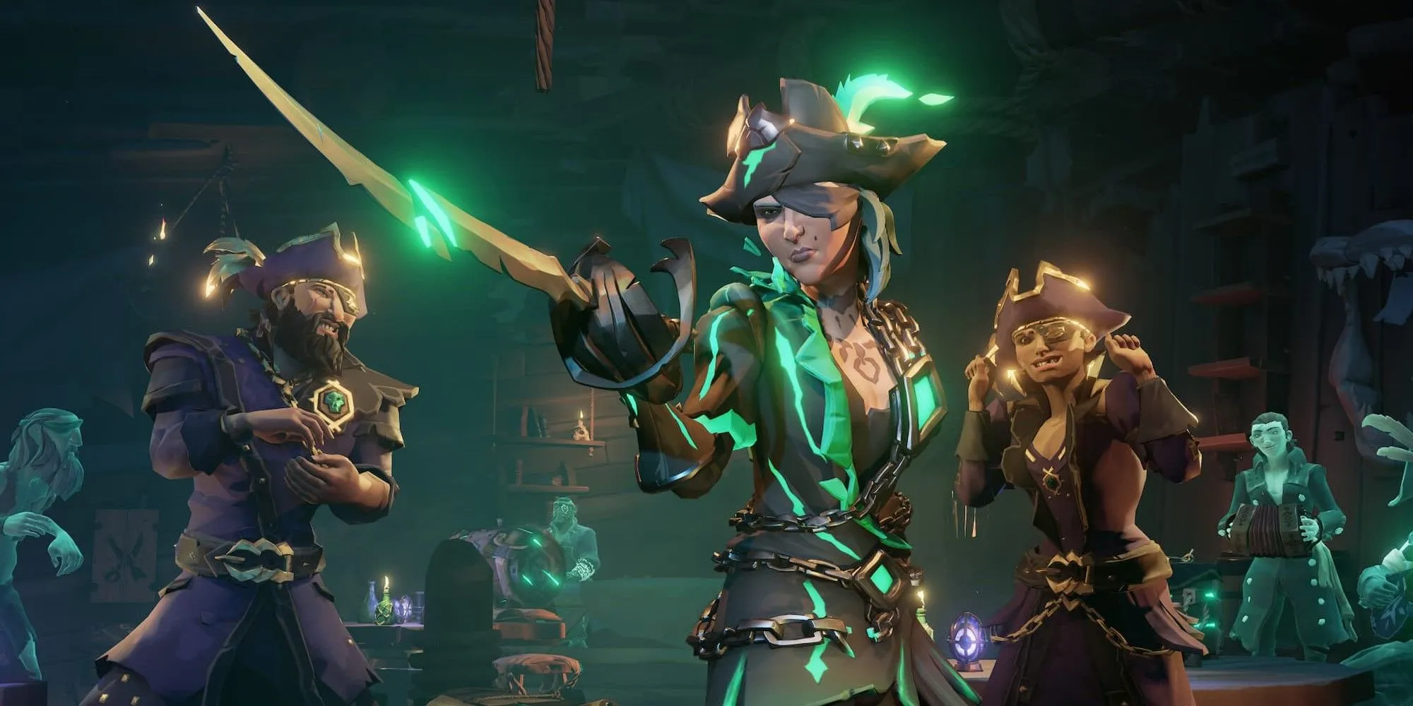 Nhân vật cướp biển chỉ kiếm trong game Sea of Thieves