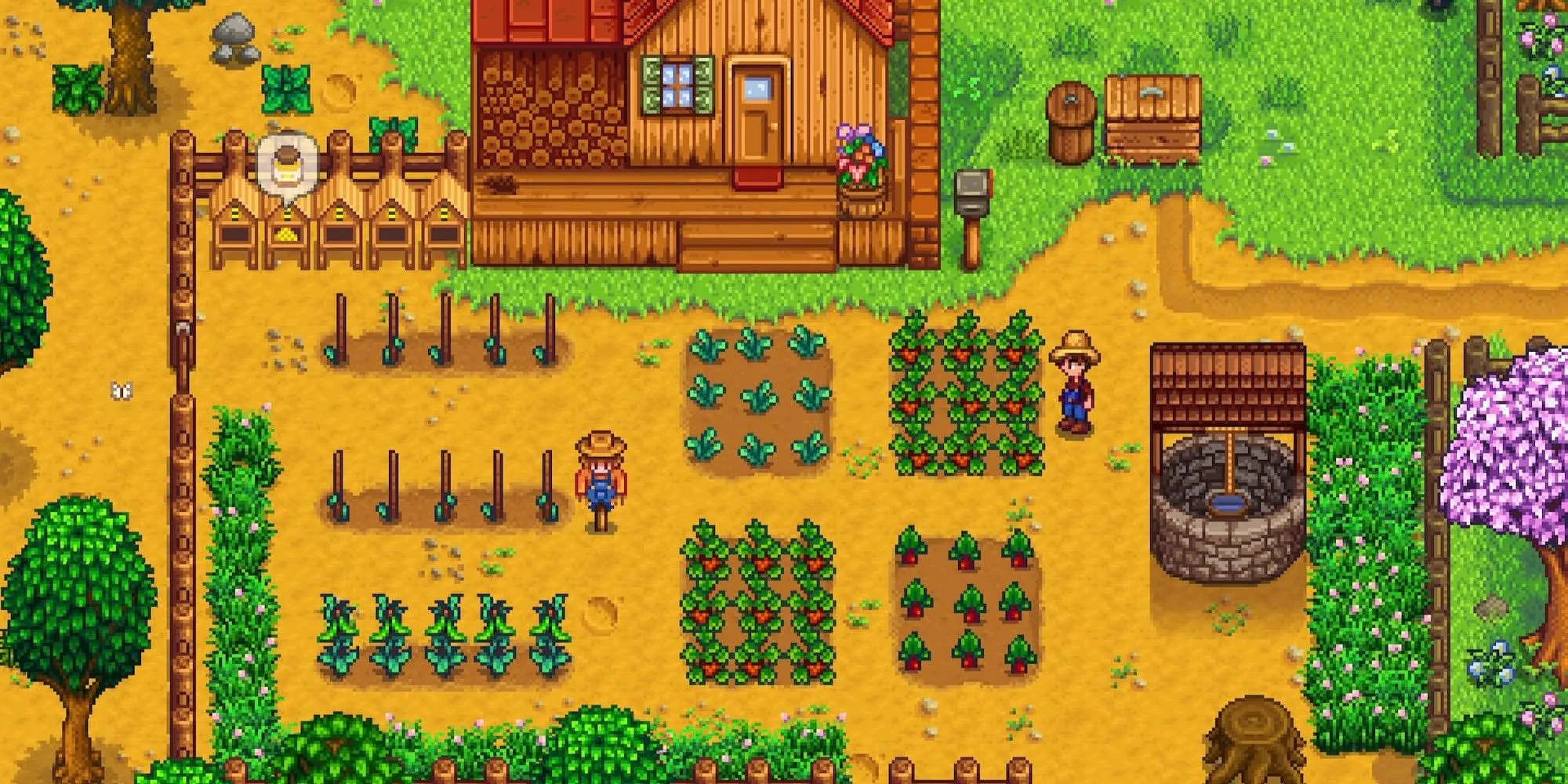Nhân vật đang chăm sóc nông trại trong Stardew Valley, hiển thị đồ họa pixel art và môi trường game yên bình