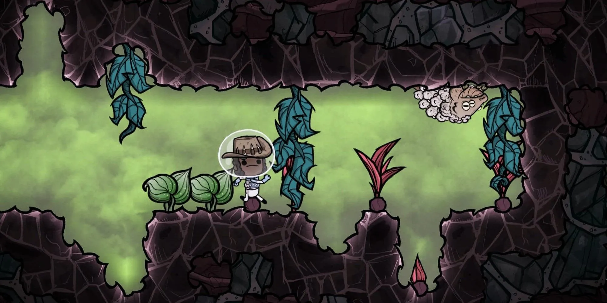 Nhân vật đang khám phá môi trường hang động trong game Oxygen Not Included