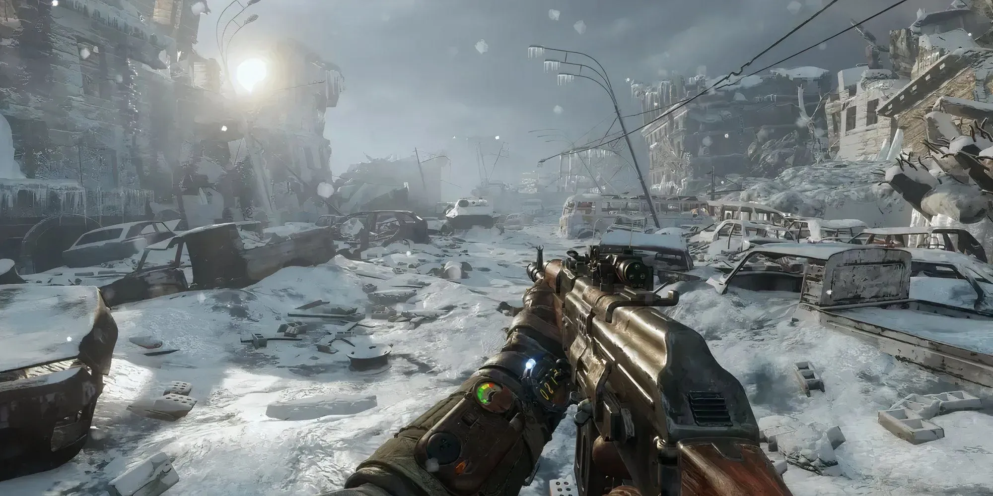 Nhân vật đang khám phá vùng đất hoang tàn băng giá trong game Metro Exodus với khẩu súng trên tay