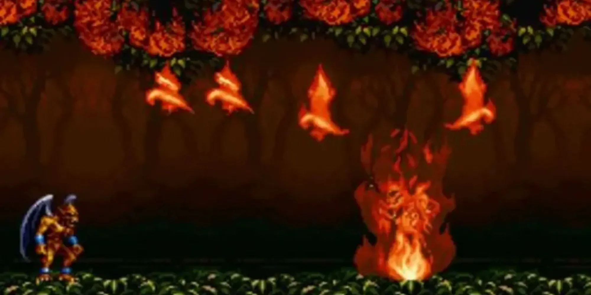 Nhân vật Firebrand bay lượn trong một màn chơi với đồ họa Gothic ấn tượng của game Demon's Crest SNES