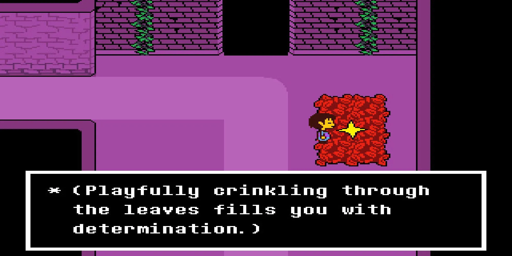 Nhân vật Frisk giữa rừng lá, bắt đầu hành trình đầy lựa chọn trong Undertale