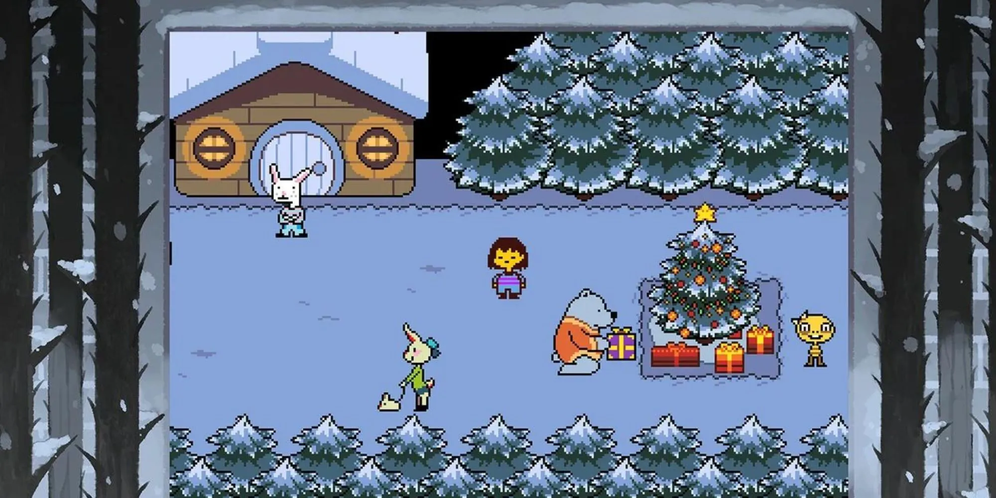 Nhân vật Frisk trong một ngôi làng với đồ họa pixel độc đáo trong game Undertale