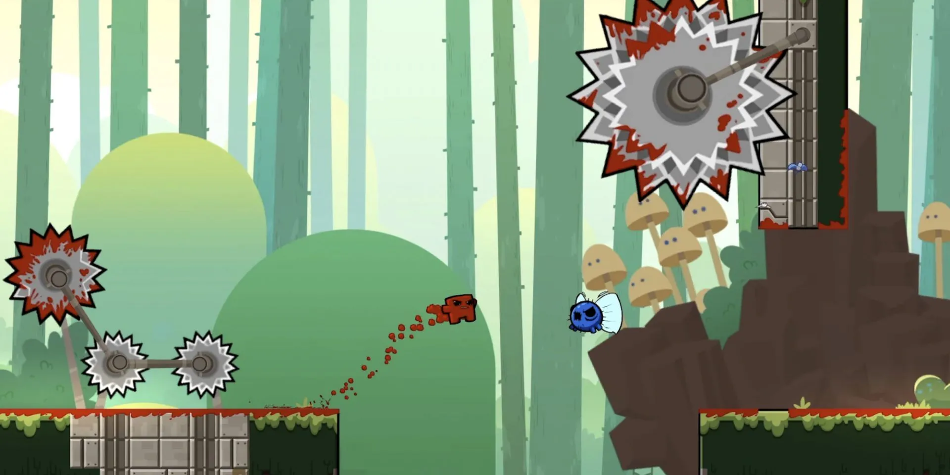 Nhân vật Meat Boy đang nhảy qua các lưỡi cưa trong một màn chơi Super Meat Boy đầy thử thách
