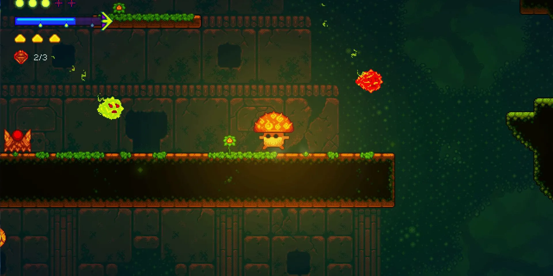 Nhân vật nấm trong Lone Fungus di chuyển trên một bệ đỡ trong thế giới game