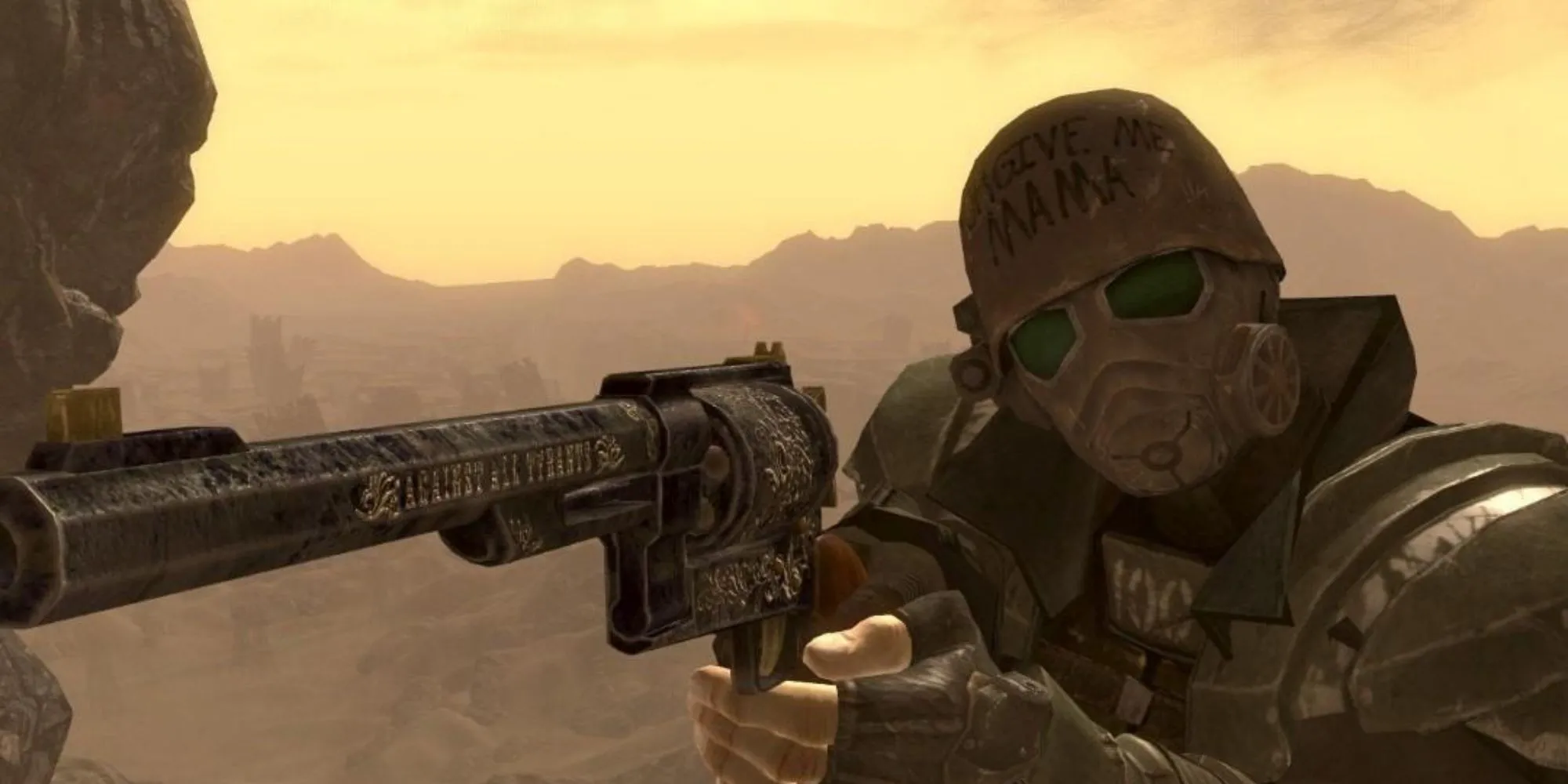 Nhân vật NCR Ranger cầm súng ngắn trong Fallout: New Vegas, thể hiện phong cách hậu tận thế đặc trưng