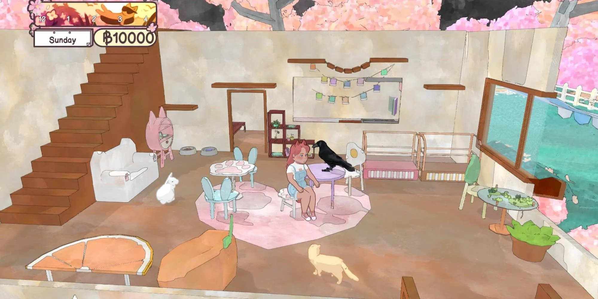 Nhân vật ngồi giữa bầy thú cưng đáng yêu trong game quản lý tiệm cafe mèo Calico