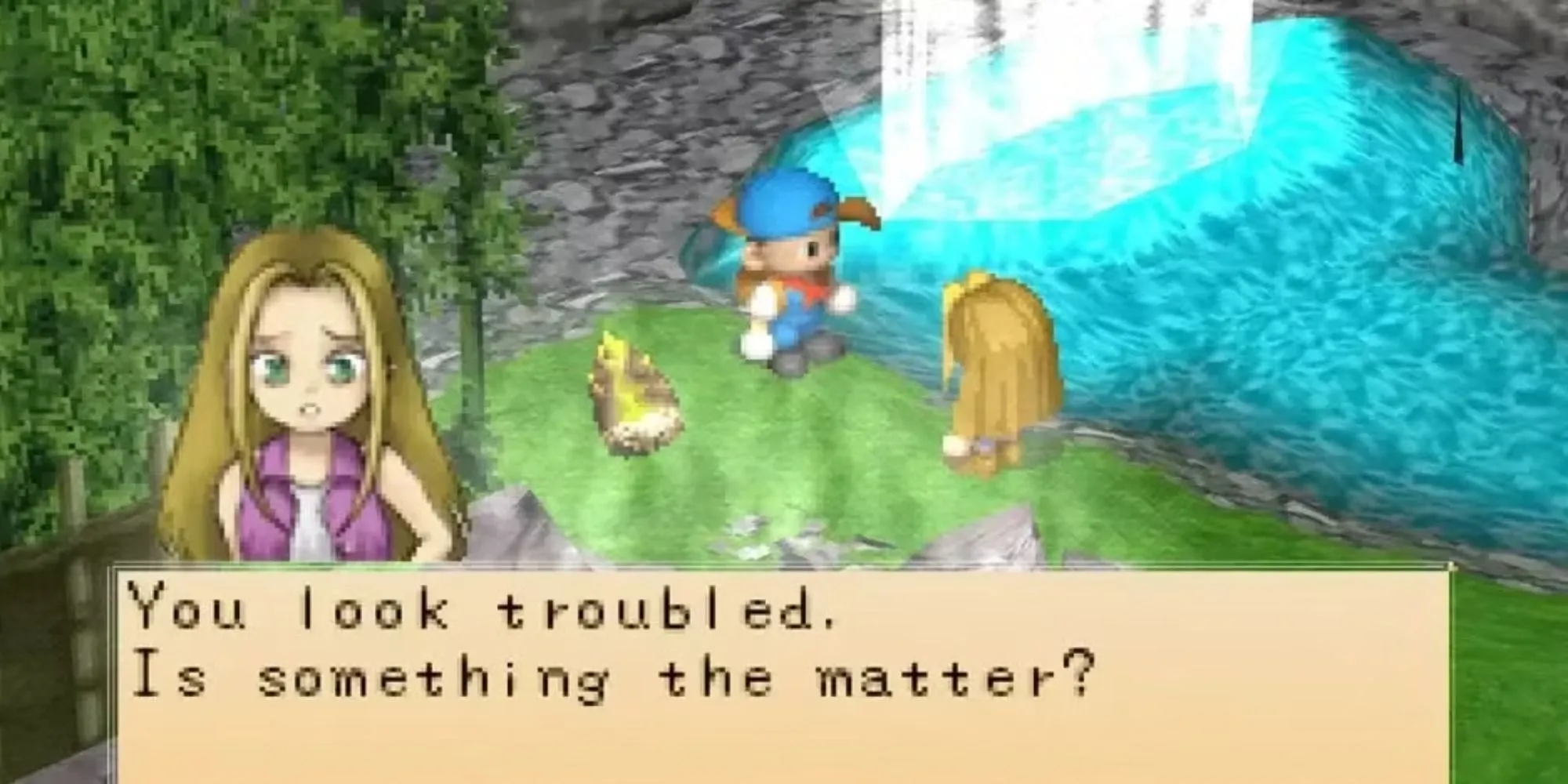 Nhân vật người chơi nói chuyện với Karen trong game Harvest Moon: Back to Nature.